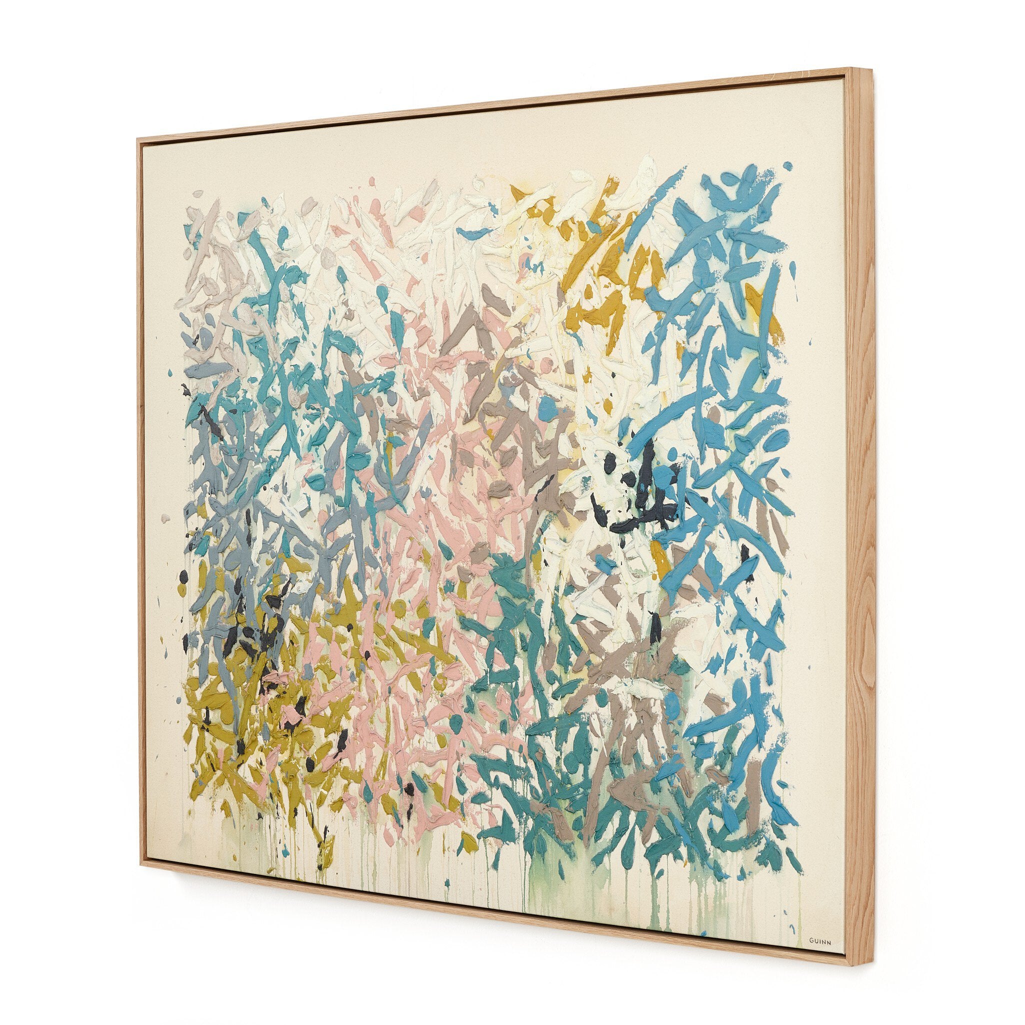 Abstract artwork with blue, pink, and yellow colors on a beige background