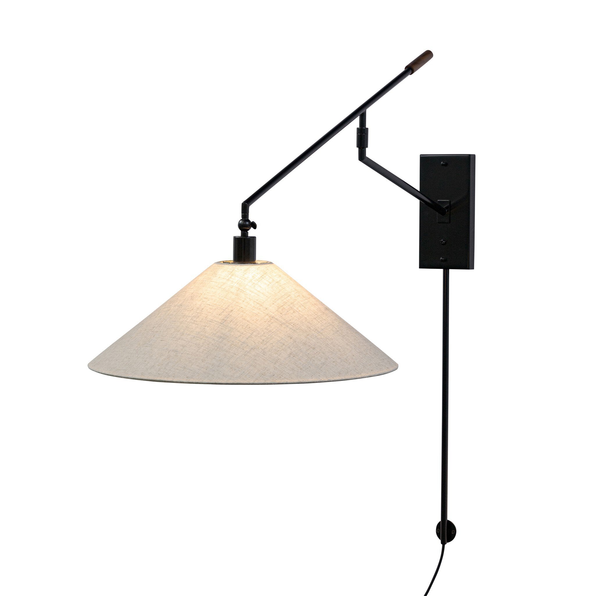 Wall-mounted lamp with a beige shade and black arm