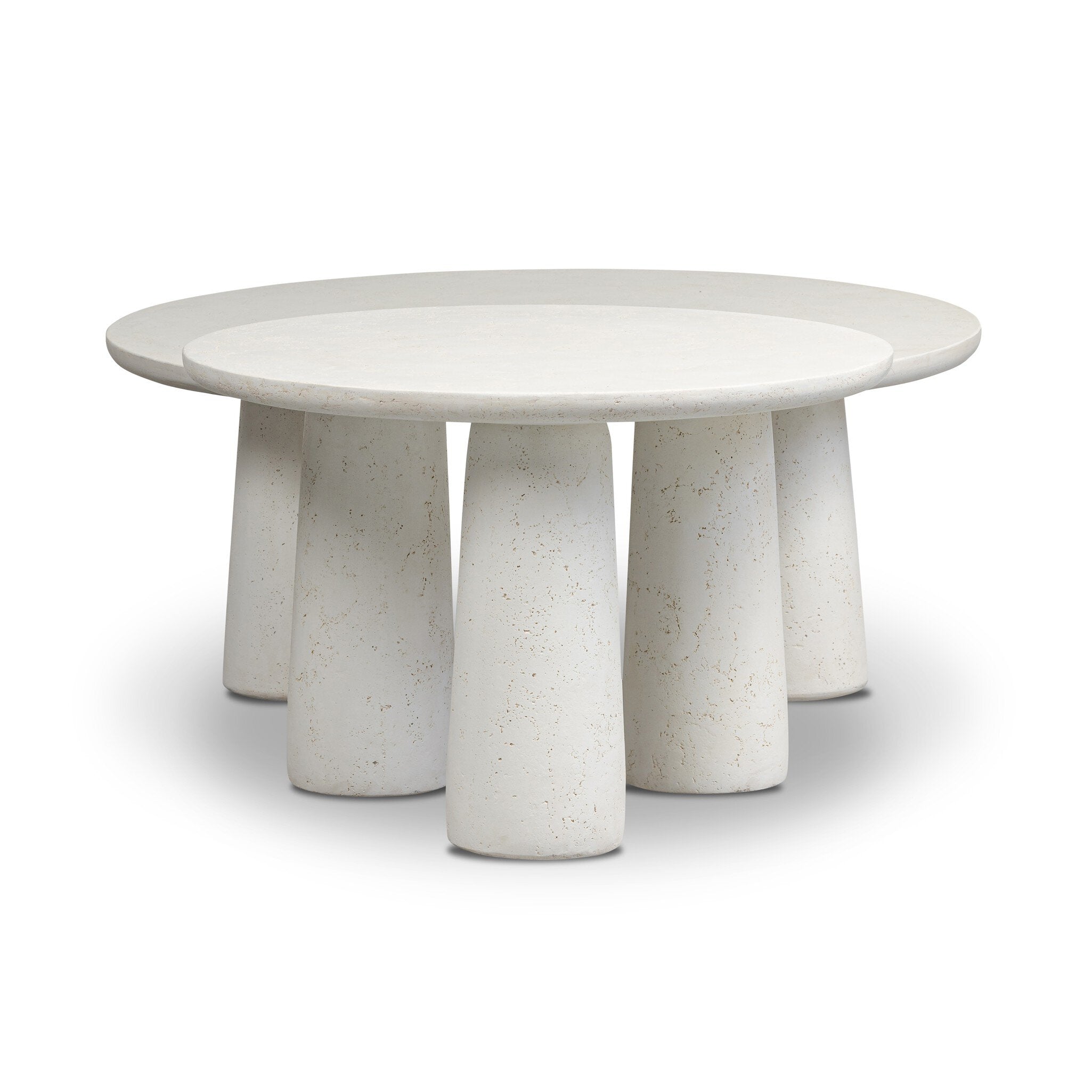 Round white concrete nesting tables on white background