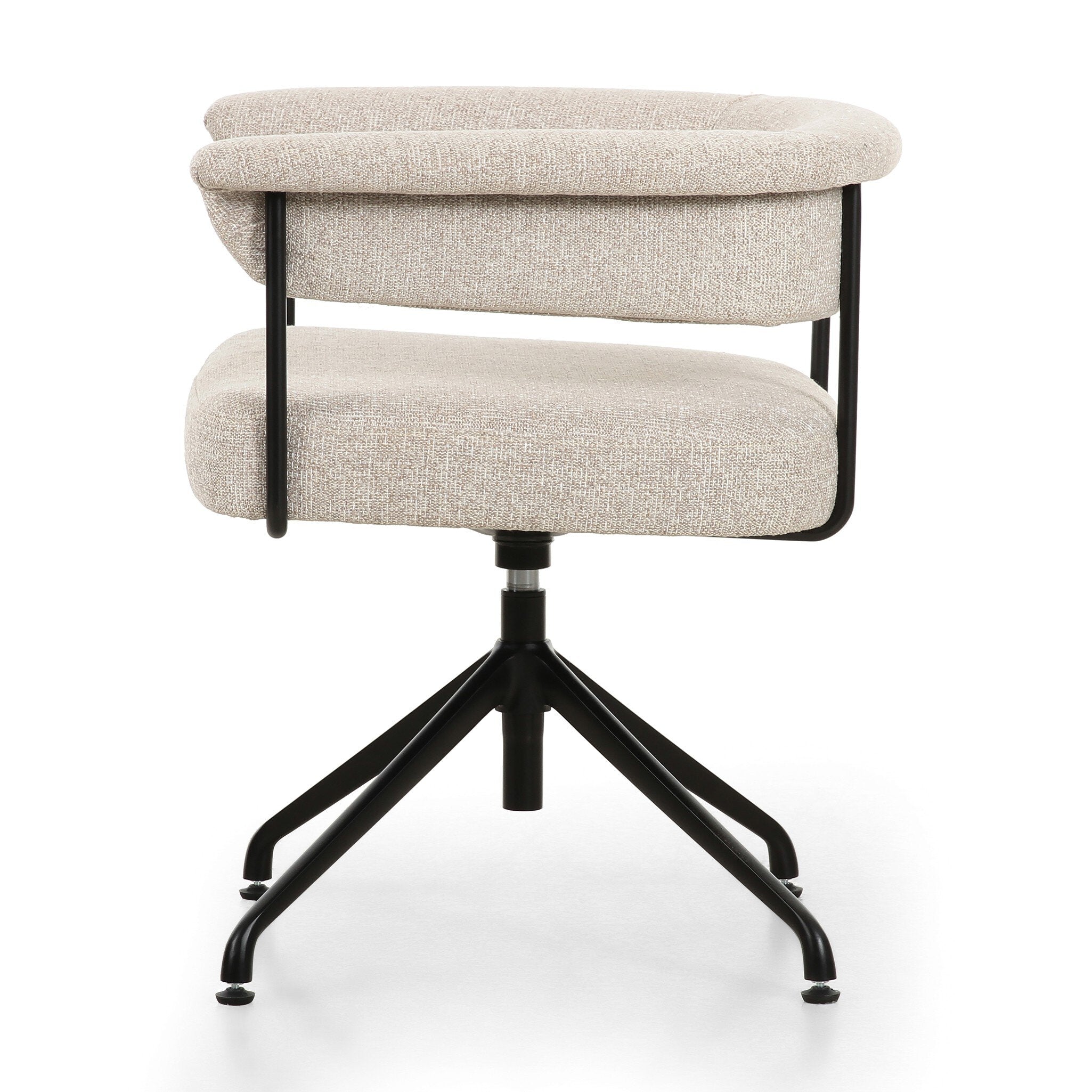 Beige swivel office chair with black metal base on a white background