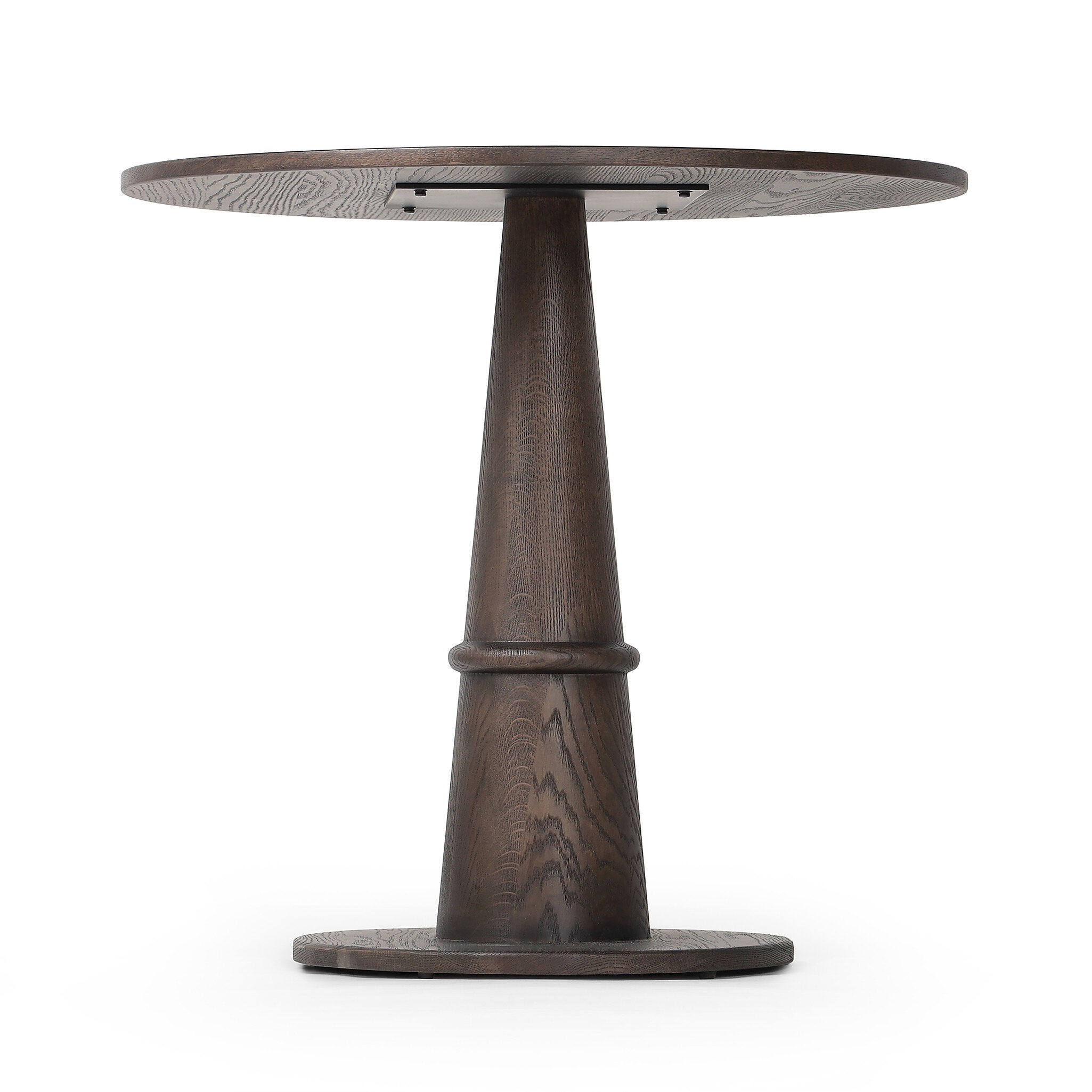 Round wooden table with a dark brown finish on a white background