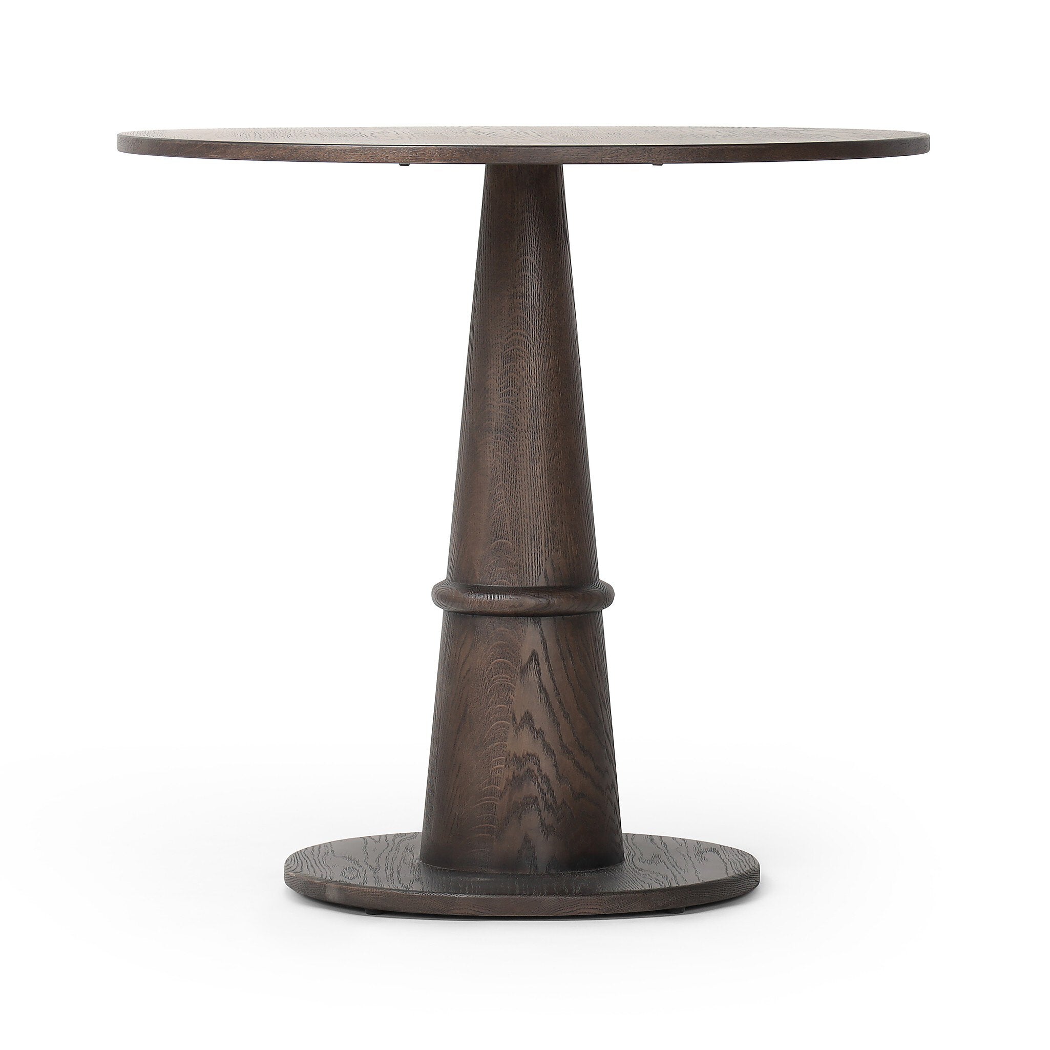 Round wooden table with a dark brown base on a white background