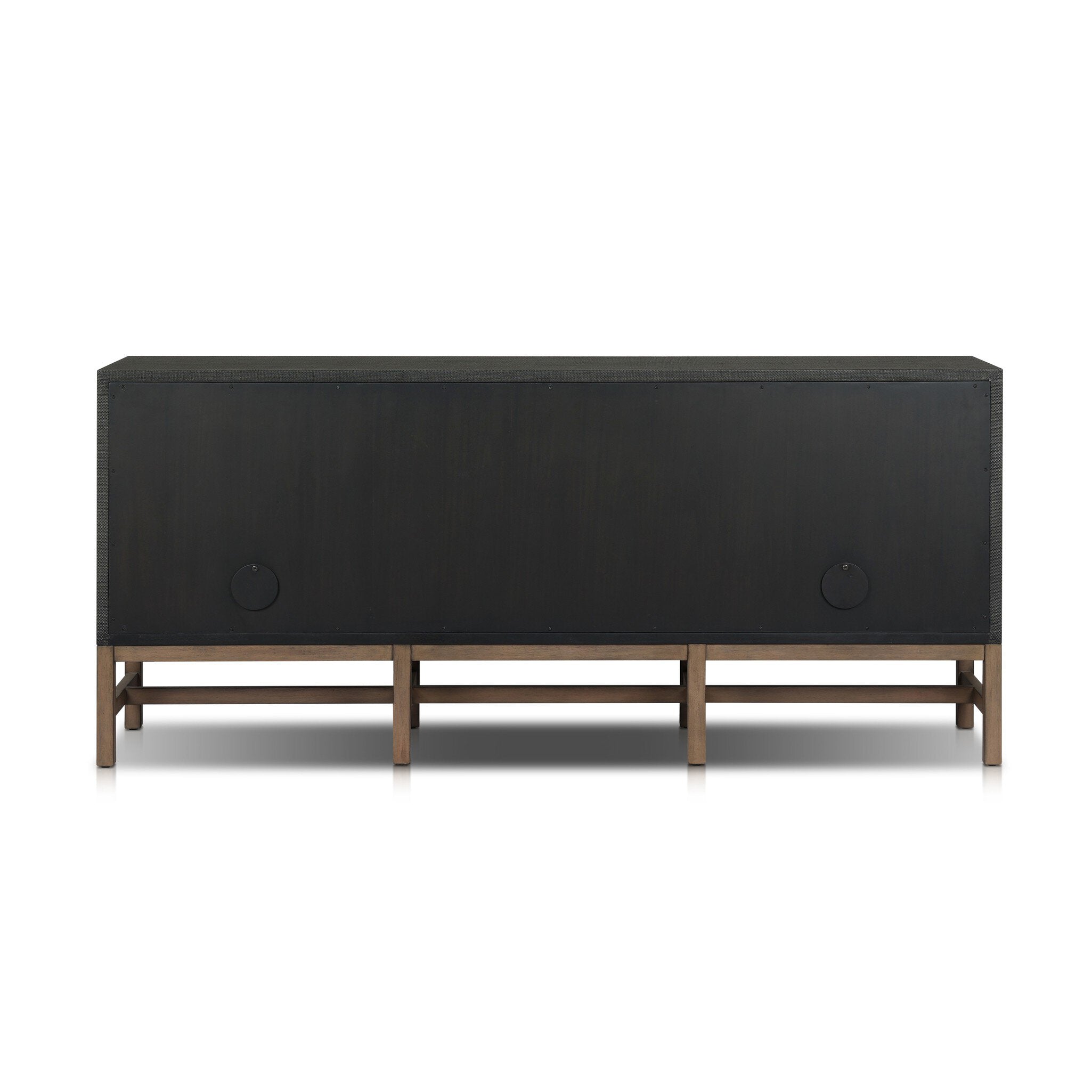 Black sideboard with cord management ports and wooden legs on a white background
