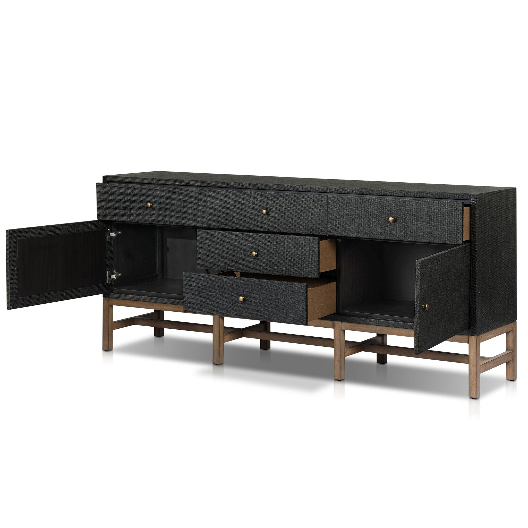 Black sideboard with open doors on a white background