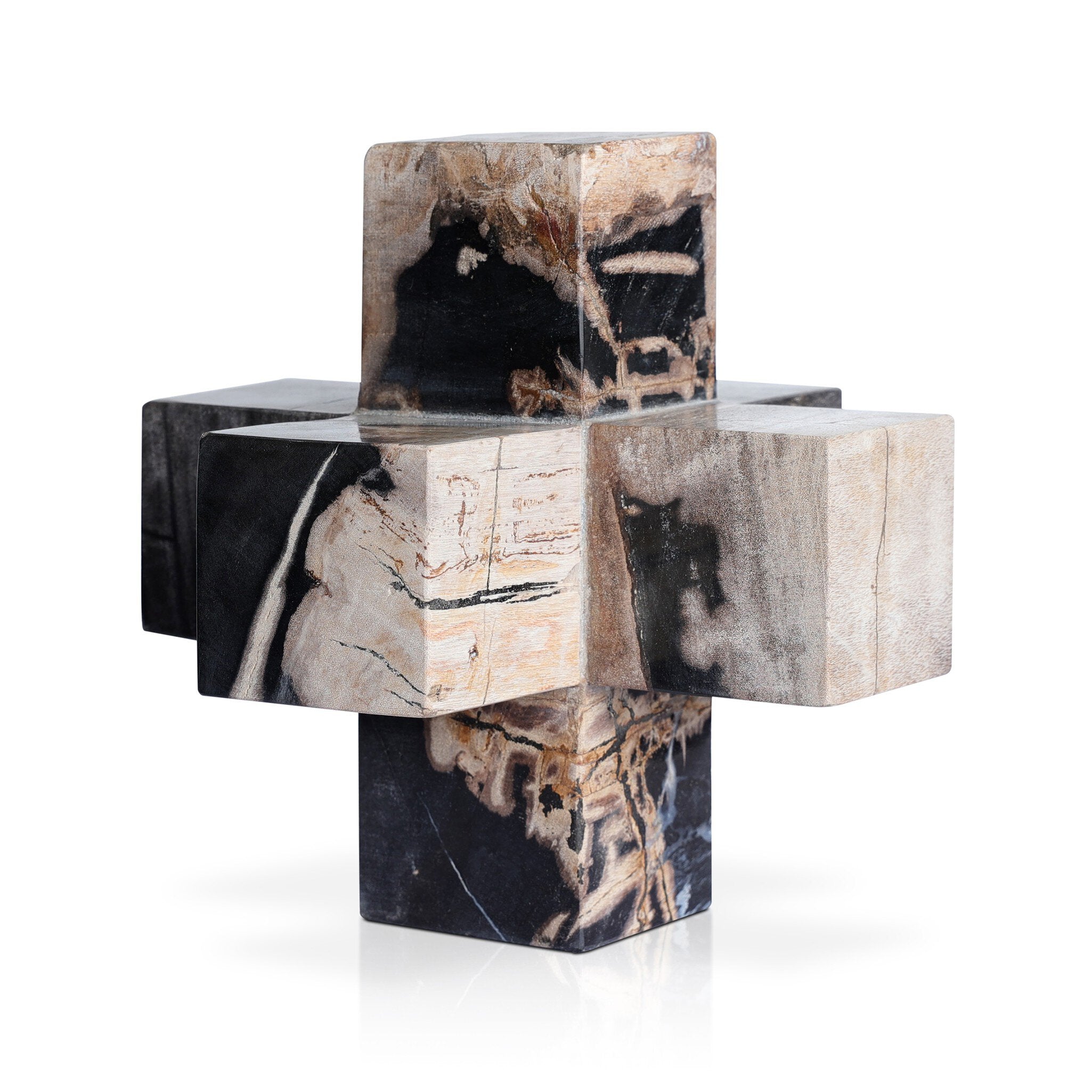 Decorative object shaped like a jack made from petrified wood with dark and light tones on a white background
