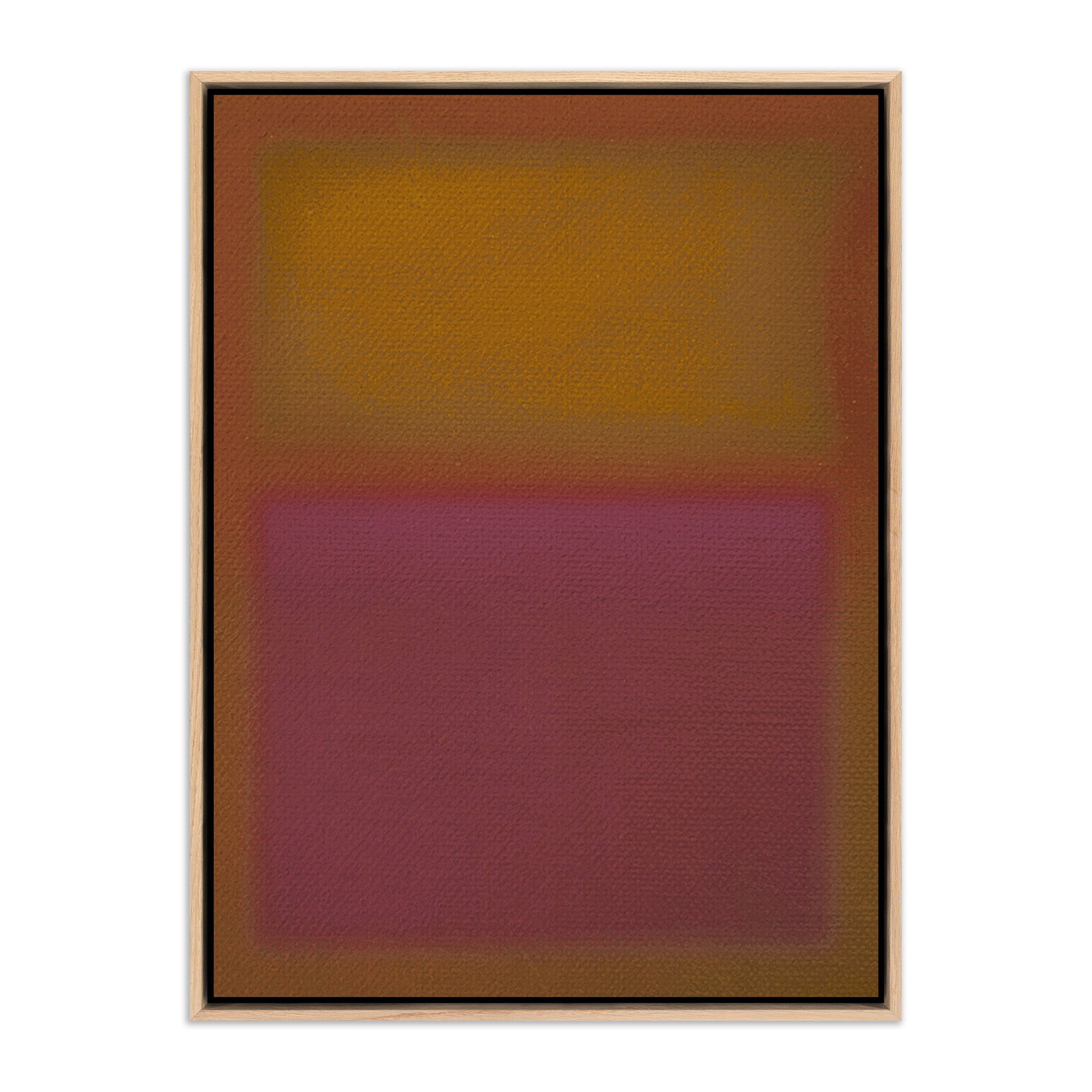 A framed artwork featuring a abstract composition with shades of yellow, pink, and purple.