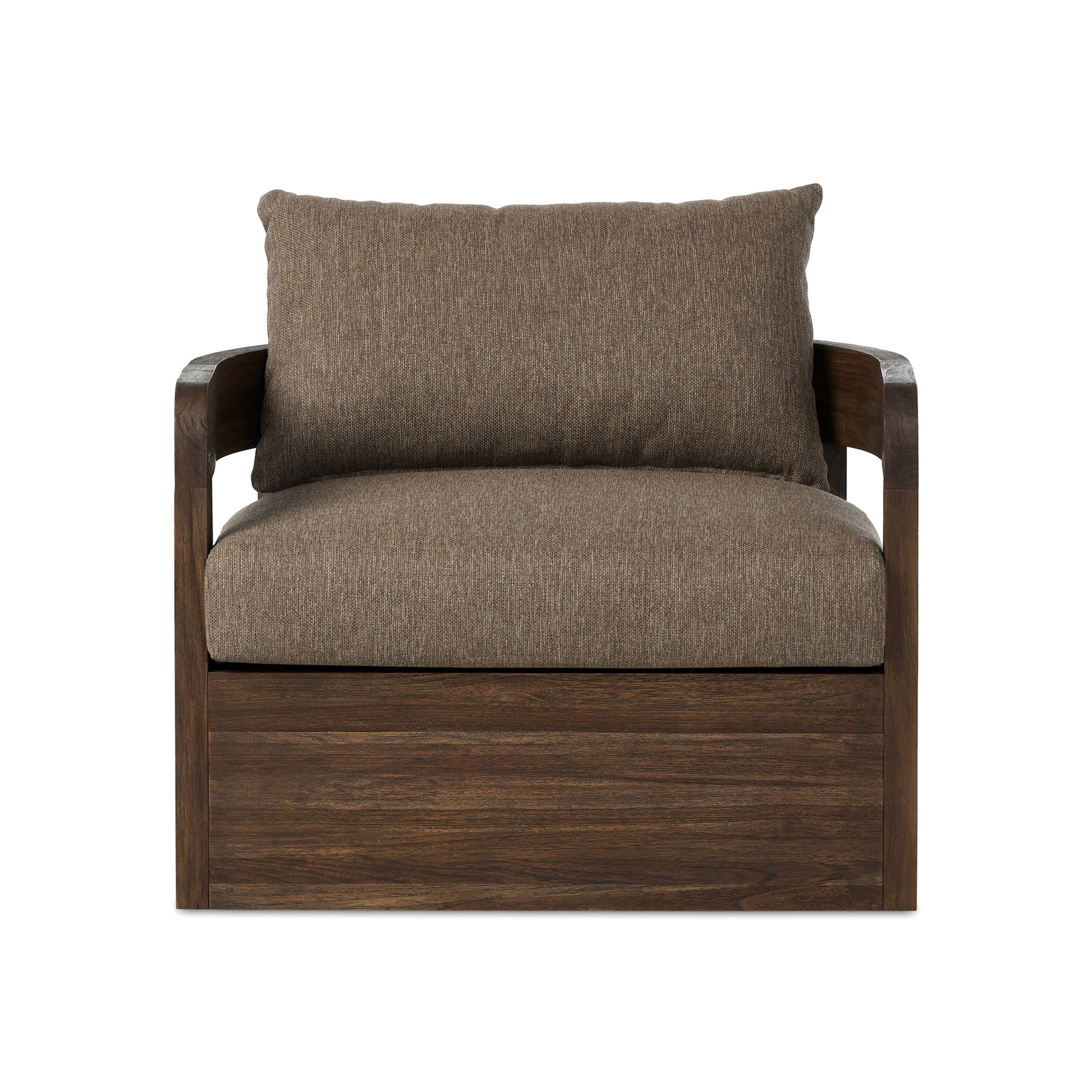 A brown upholstered Jackson Outdoor Swivel Chair with a teak wood frame and a cushion on it, against a white background.