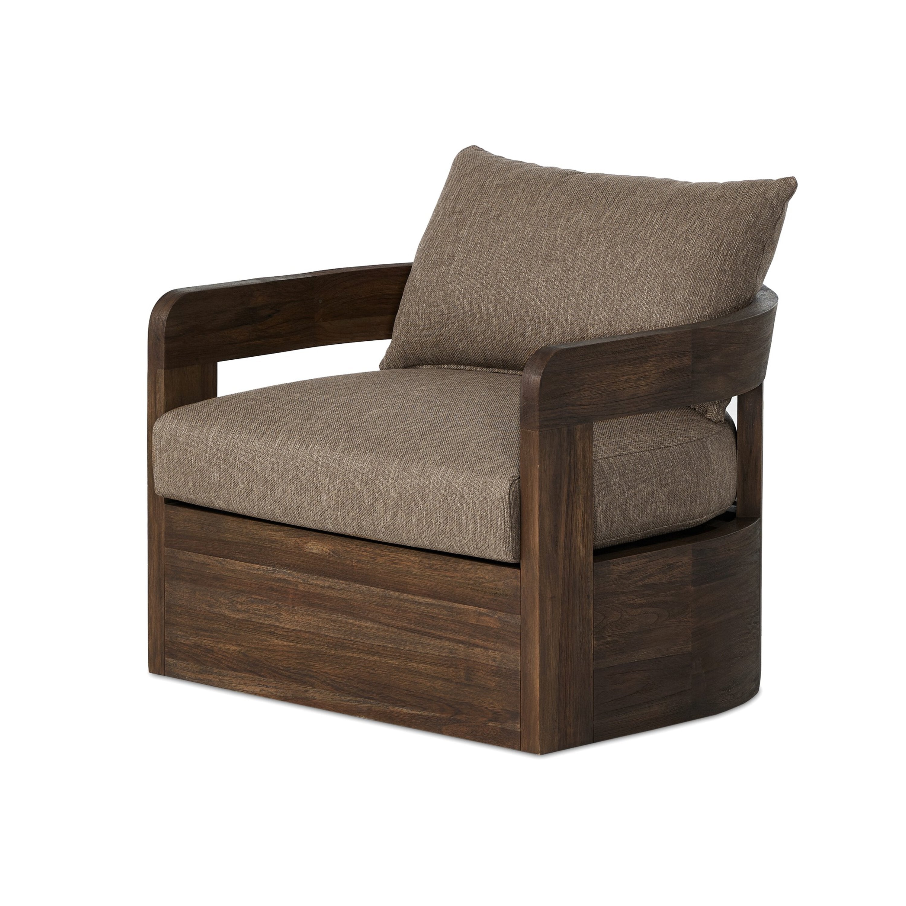A brown upholstered Jackson Outdoor Swivel Chair with a teak wood frame and a cushion on it, against a white background.