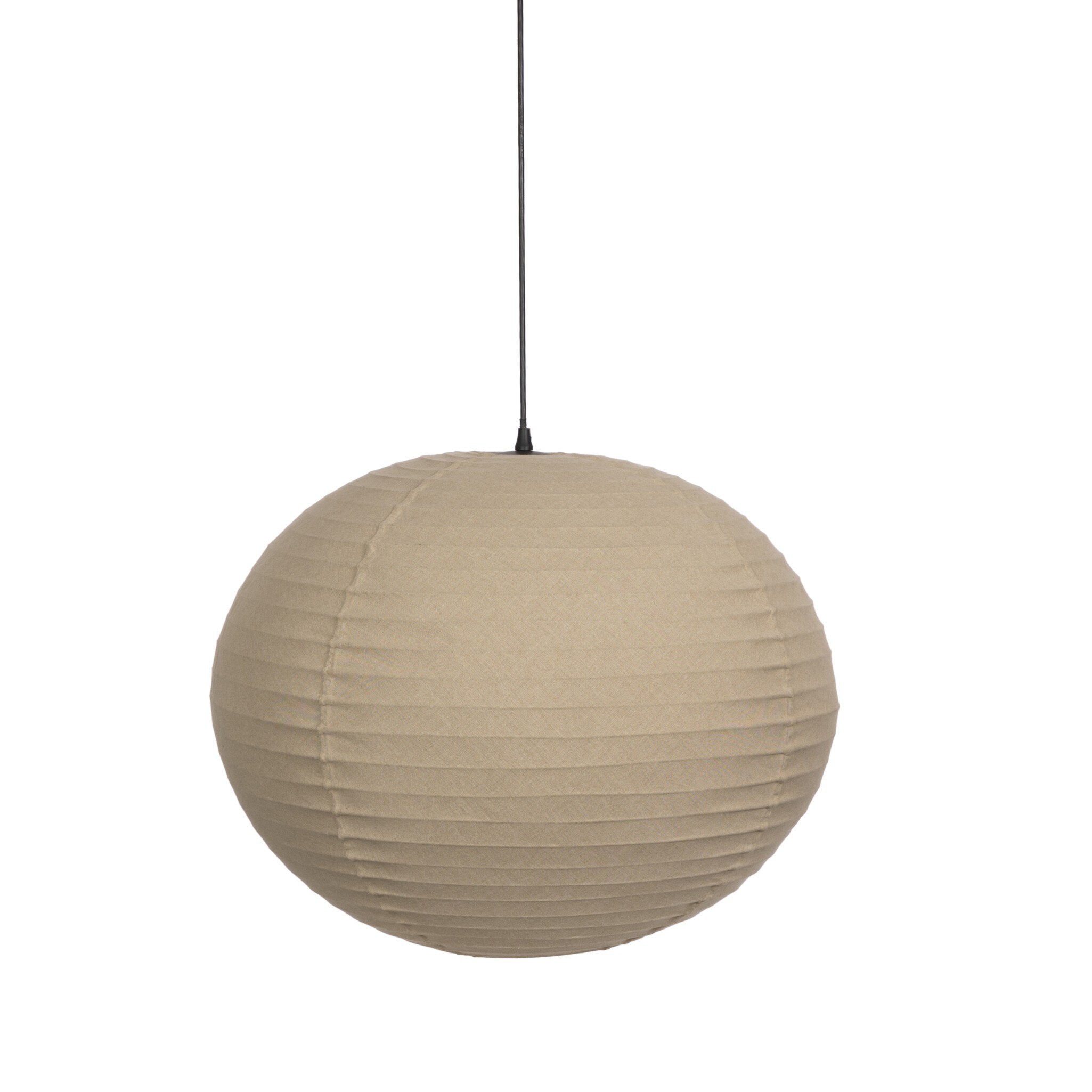 A spherical beige paper lantern pendant light hanging from a thin black cord against a plain white background.