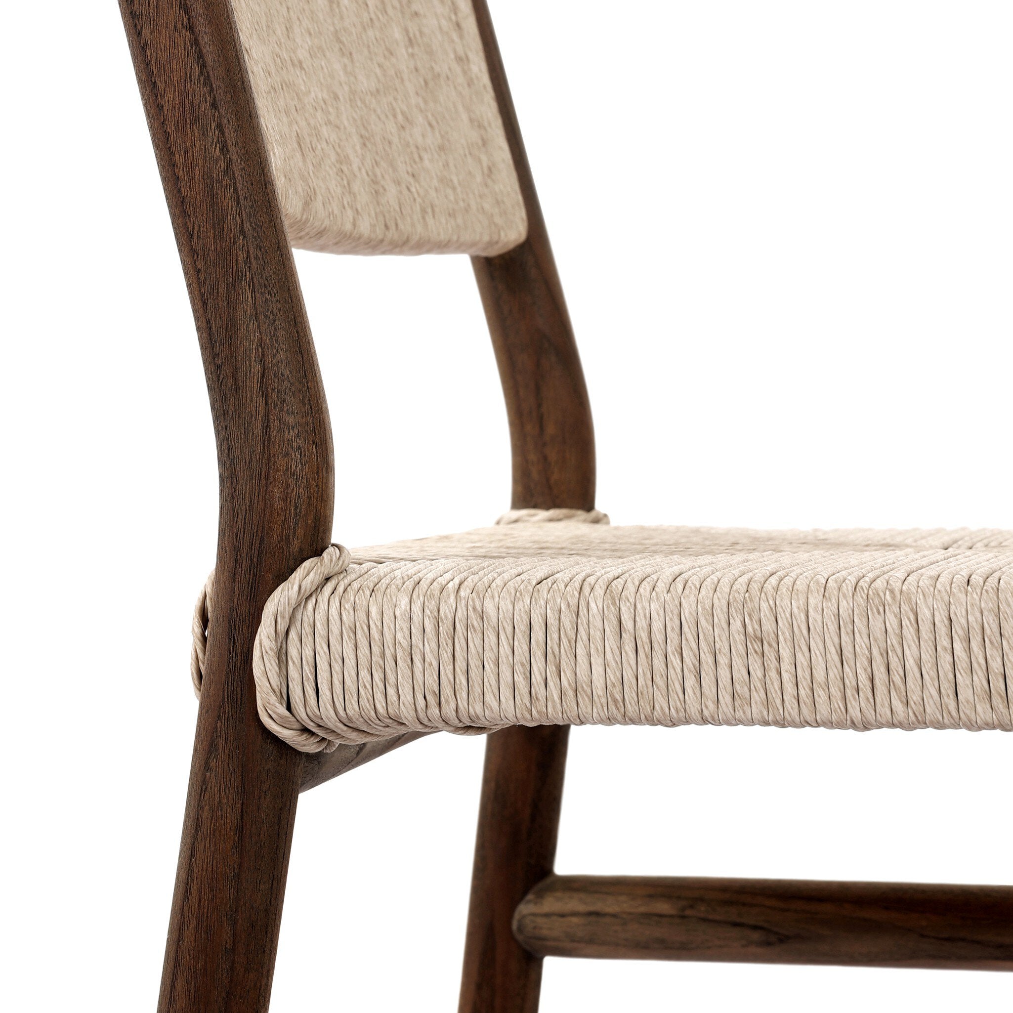 Close-up of a chair with wooden frame and beige cushioned seat and backrest on a white background