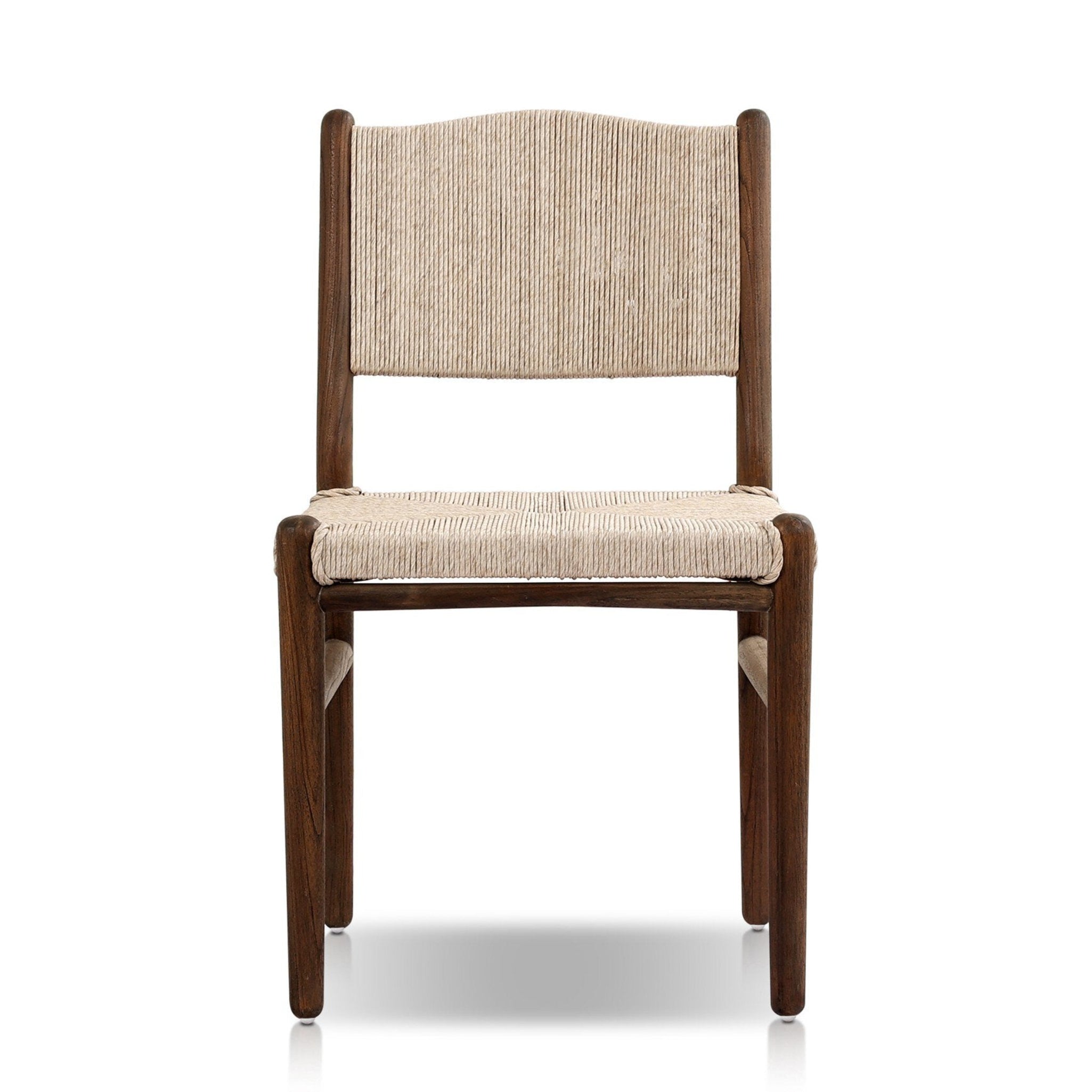 Wooden outdoor dining chair with woven backrest on a white background