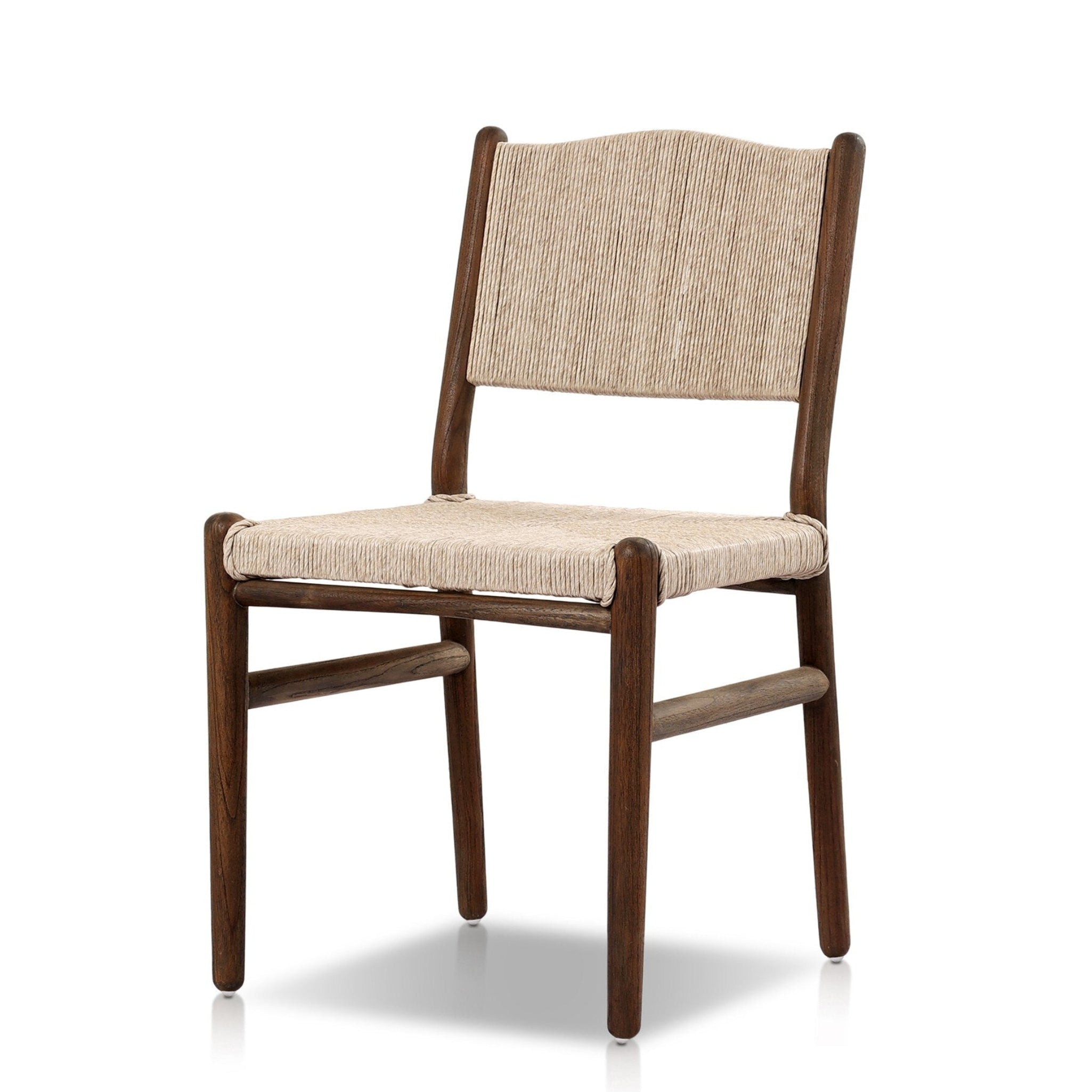 Wooden outdoor dining chair with woven backrest on a white background