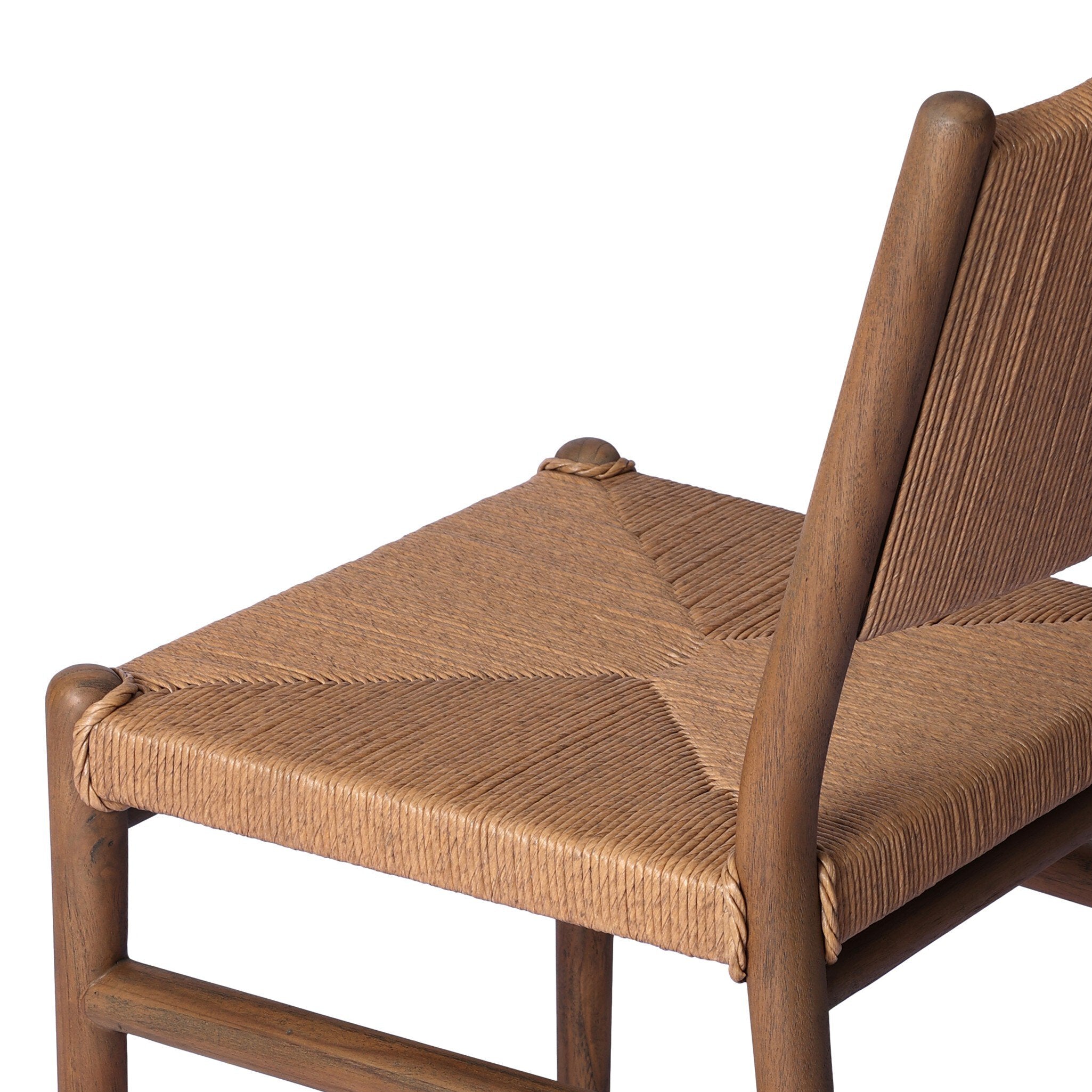 Brown wooden chair with woven seat on a white background