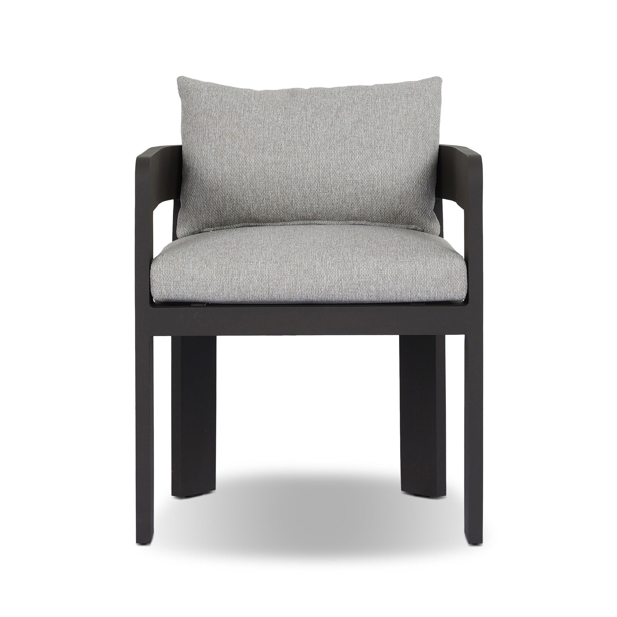 Chair with gray cushion and black frame on a white background
