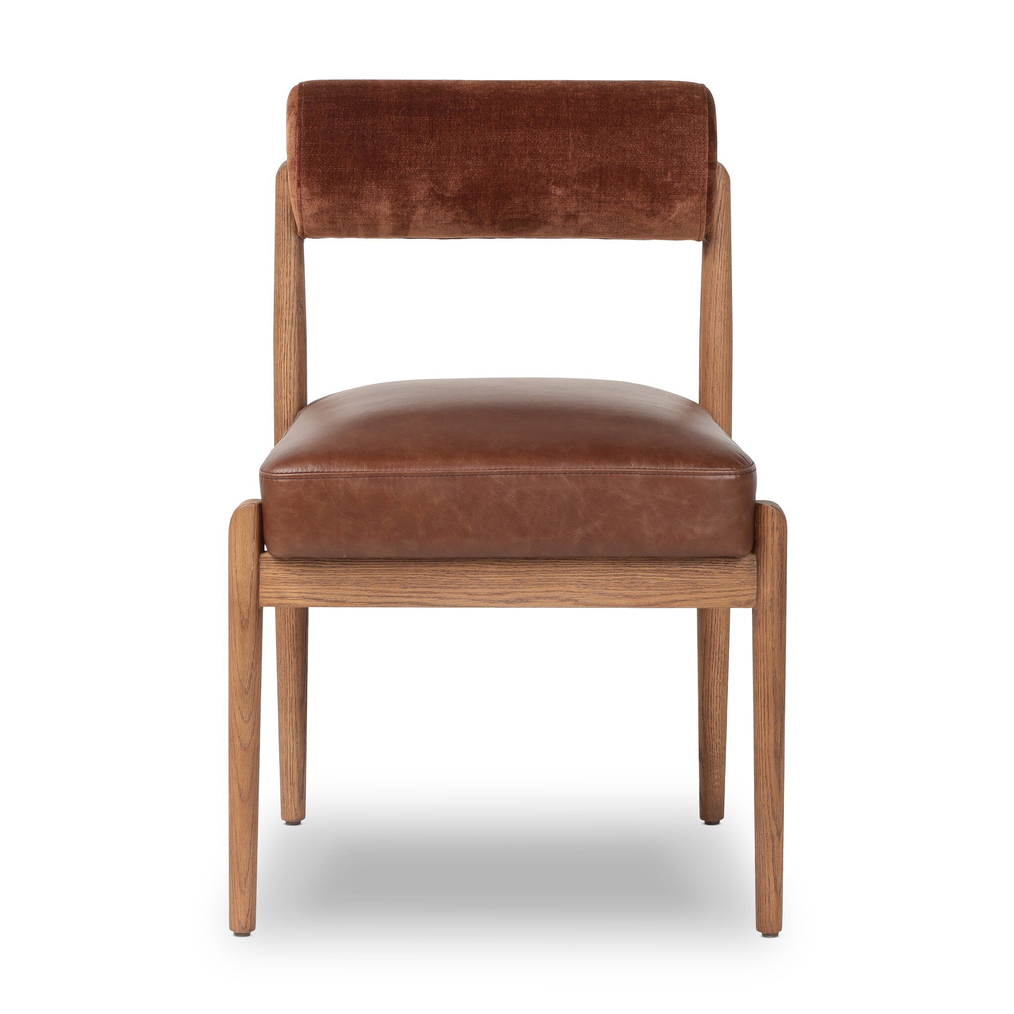 Brown upholstered chair with wooden frame on a white background