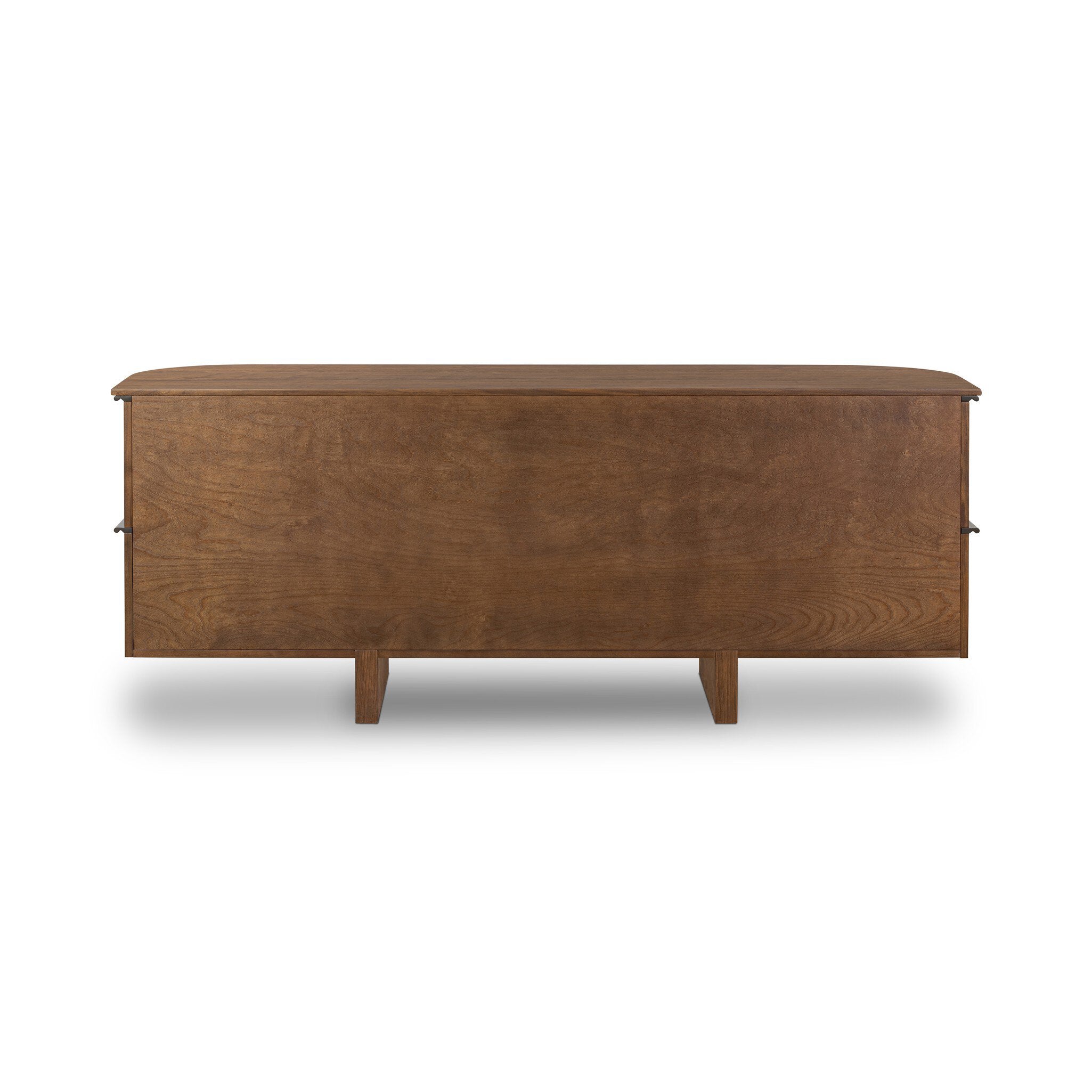 Back view of a wooden sideboard on a white background.