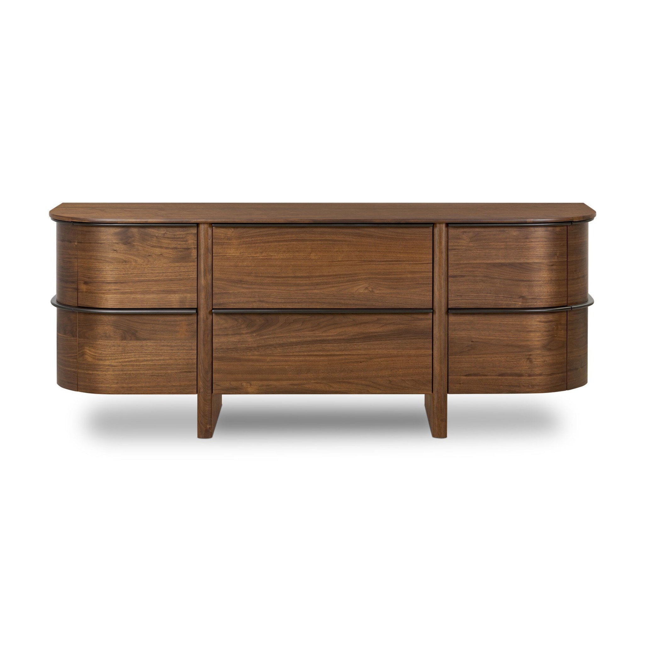 Wooden dresser with six drawers on a white background