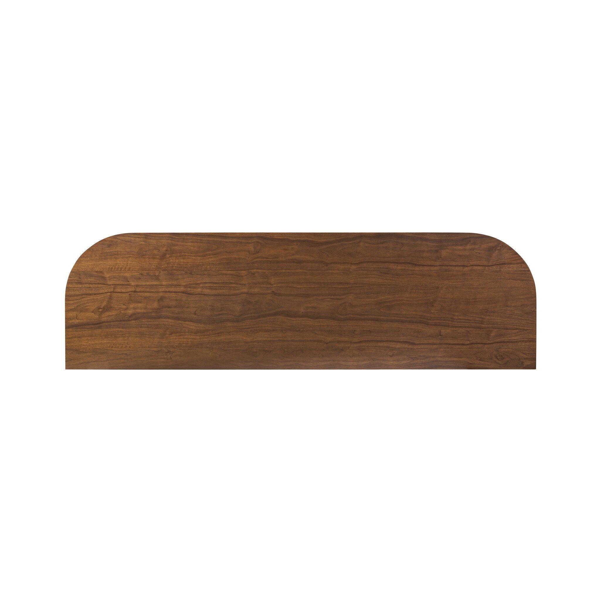 Wooden tabletop of six drawer wooden dresser with curved edges on a white background