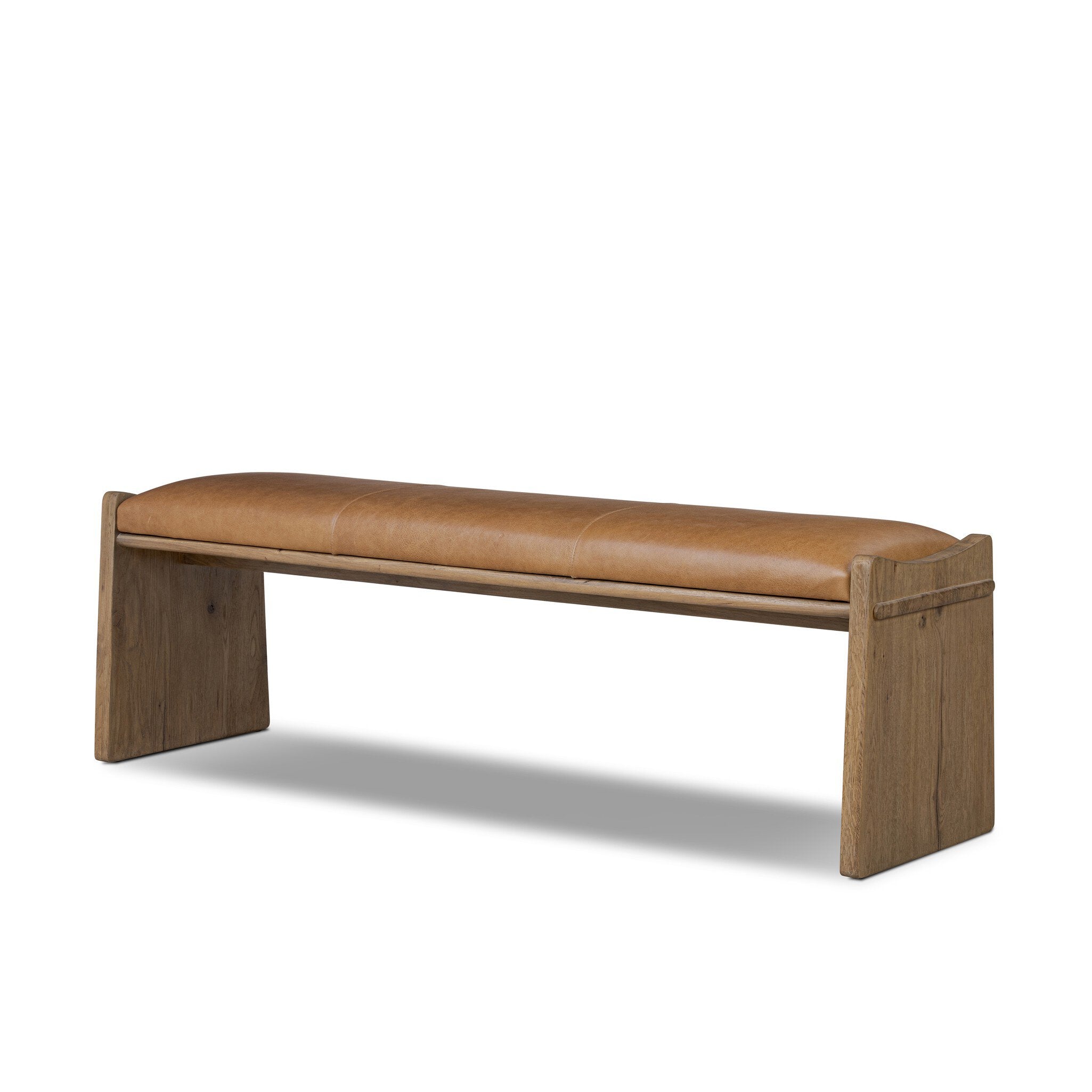 Wooden bench with a brown leather seat on a white background