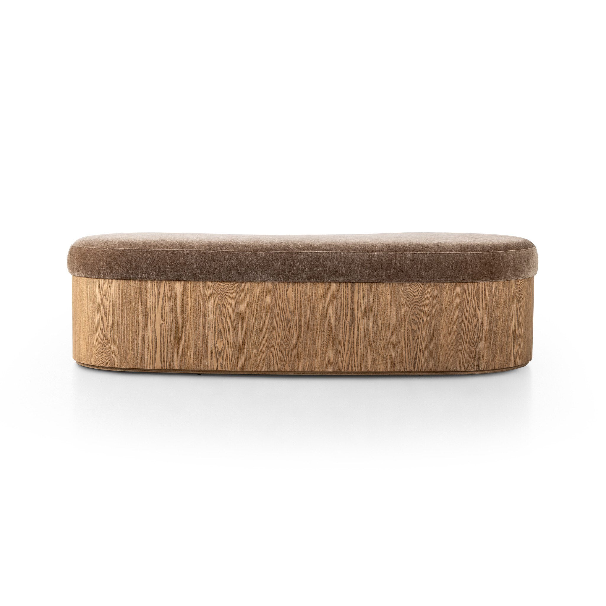 Brown cushioned bench with wooden base on a white background