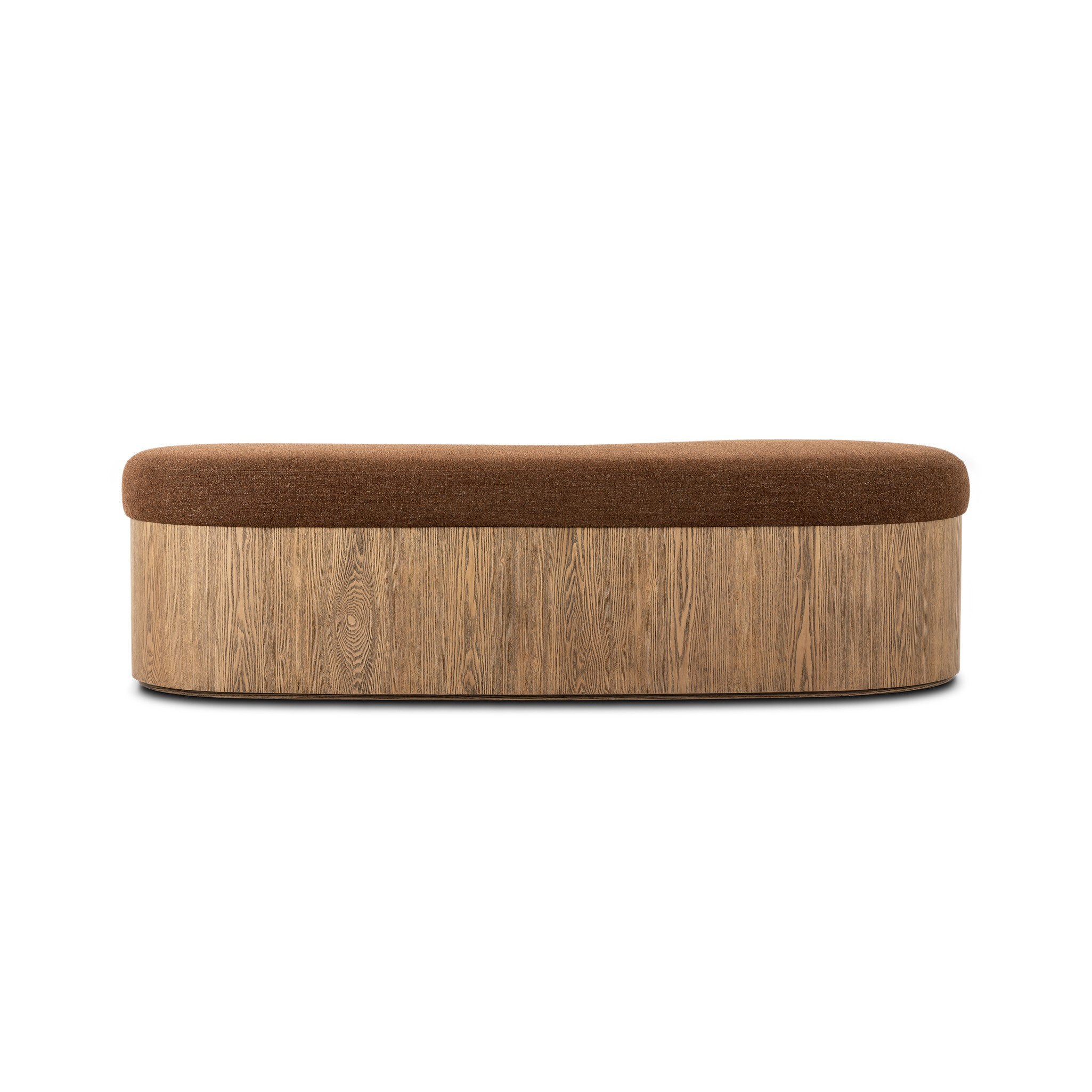 Wooden ottoman with brown cushion on a white background