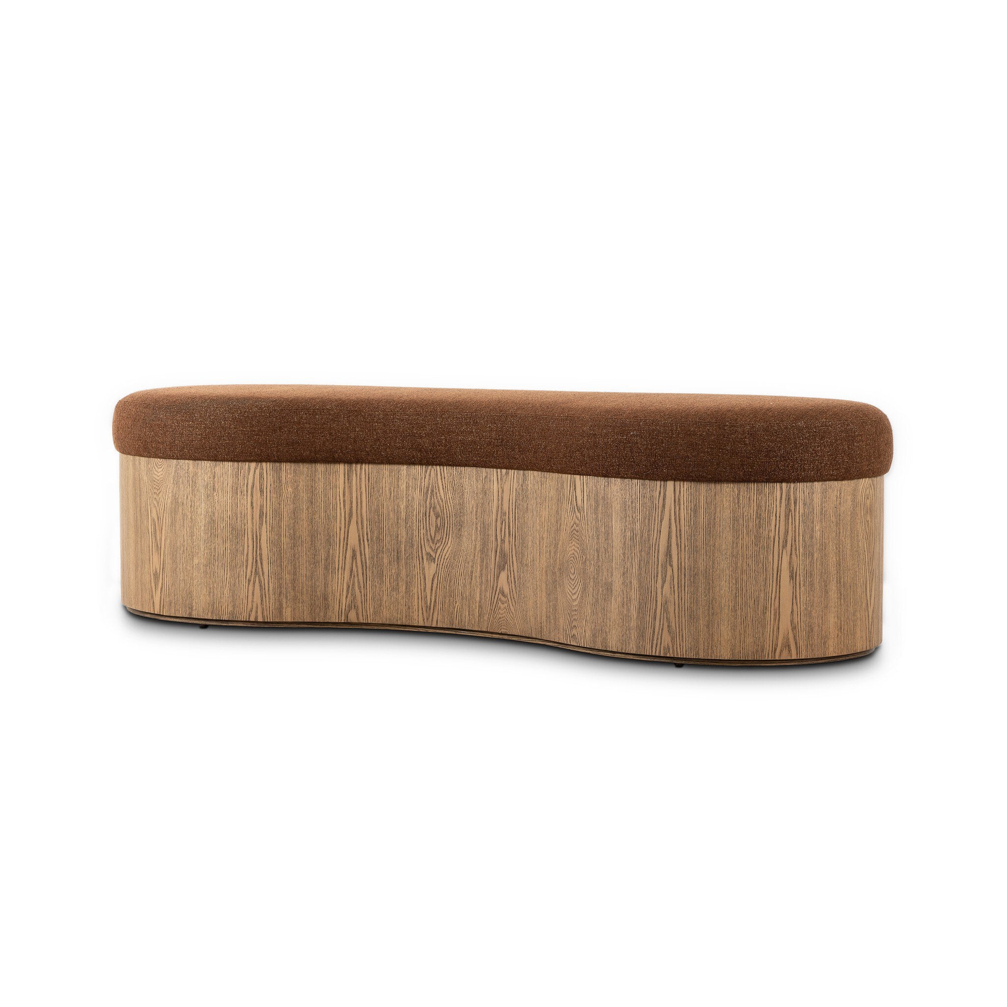 Bench with brown cushioned top and wooden bottom on a white background