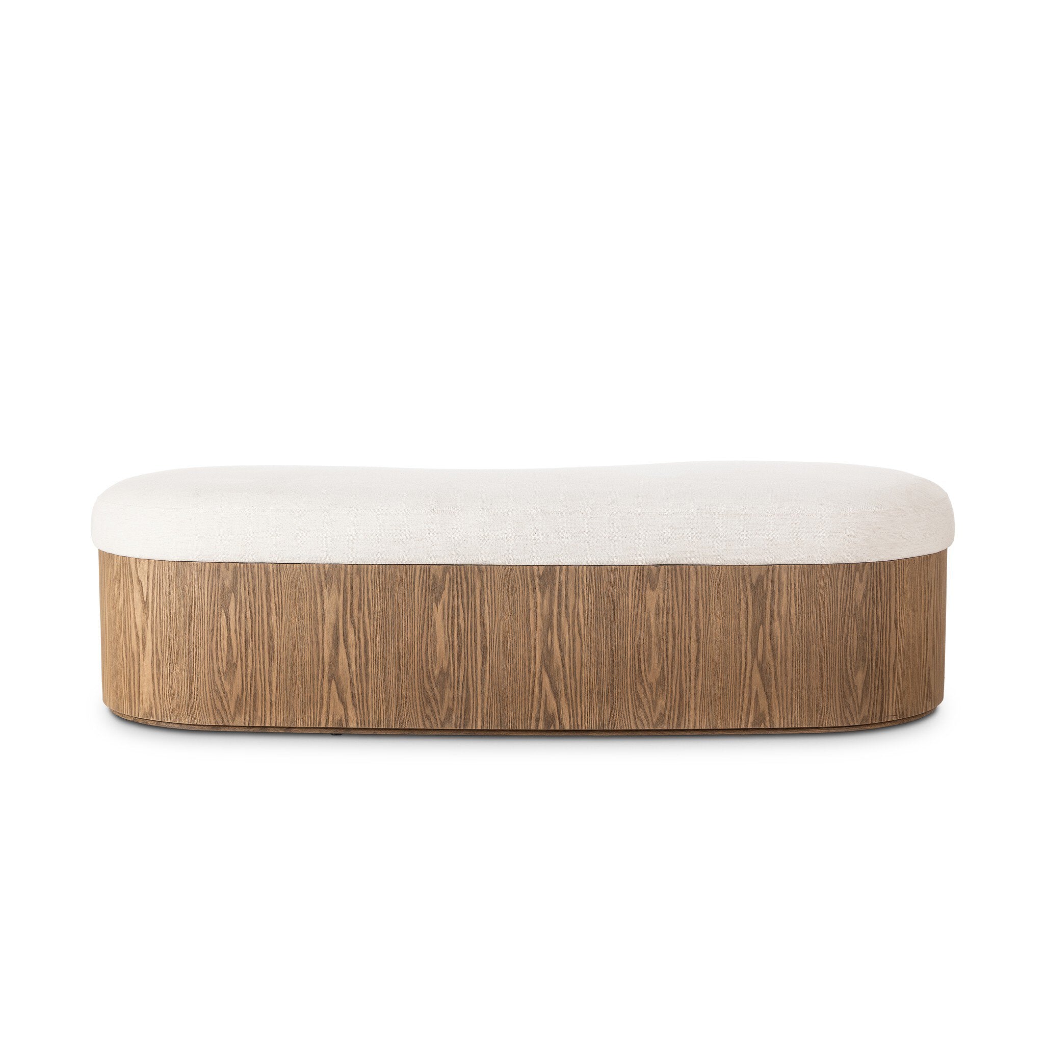 Wooden bench with white cushion on a white background