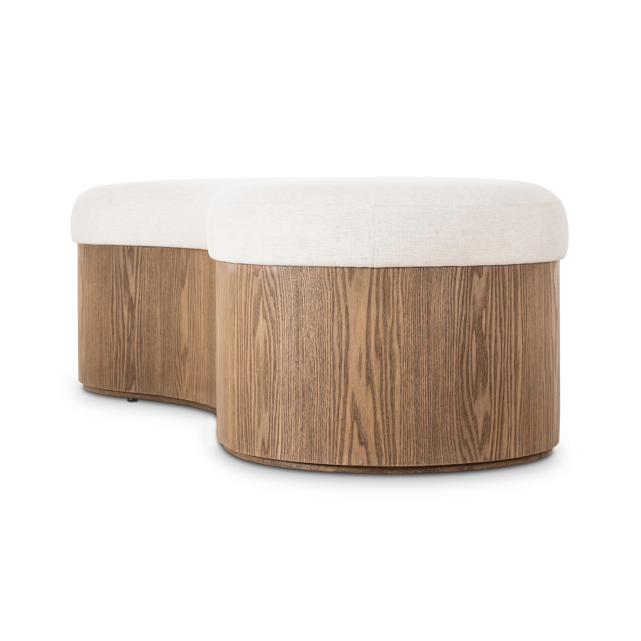 Wooden ottoman with white cushion on a white background