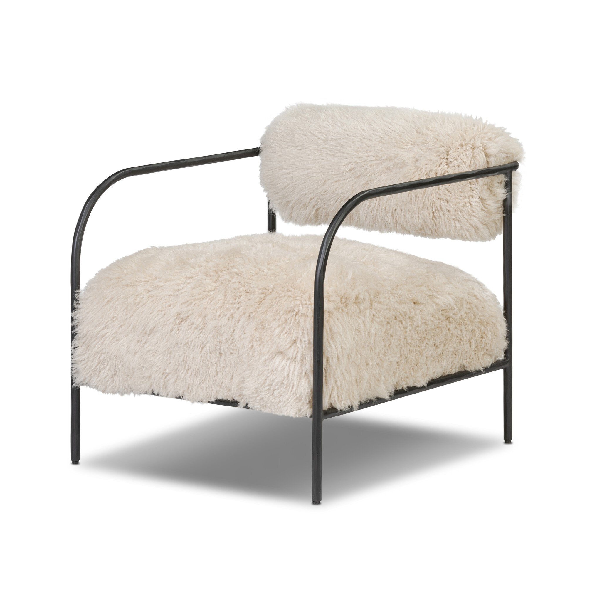 Chair with white fluffy cushions and black metal frame on a white background