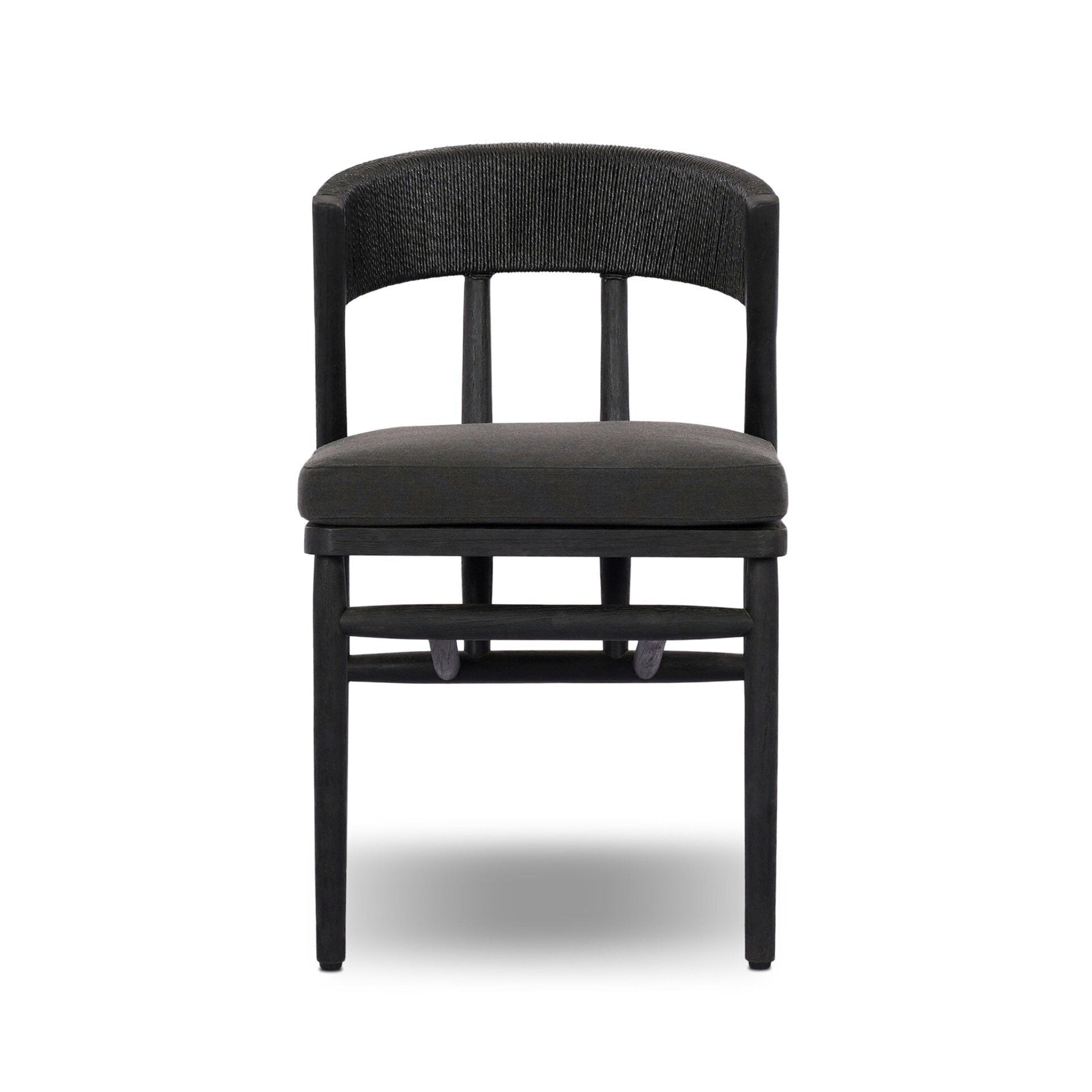 Black outdoor dining chair with cushioned seat on a white background