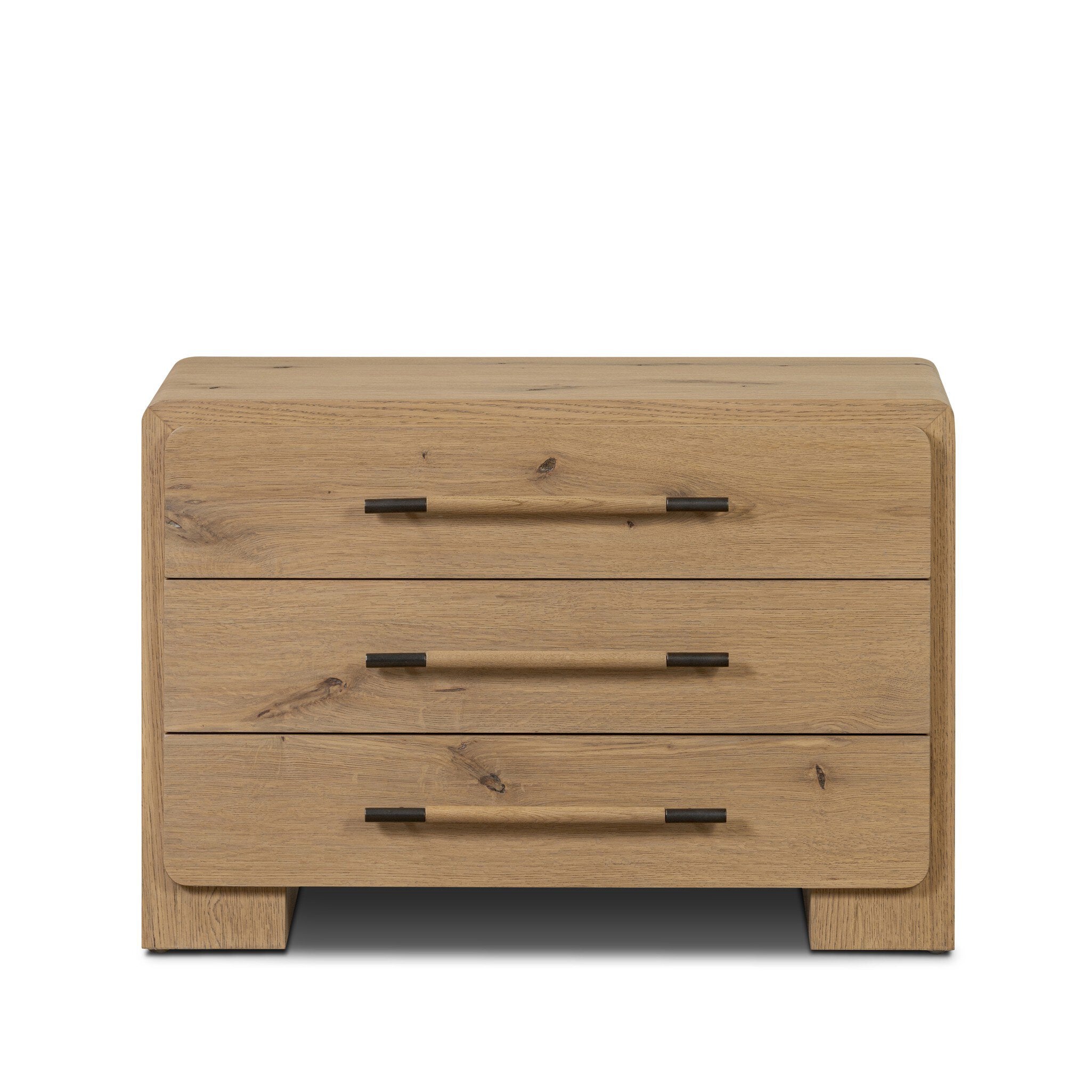Wooden dresser with three drawers on a white background