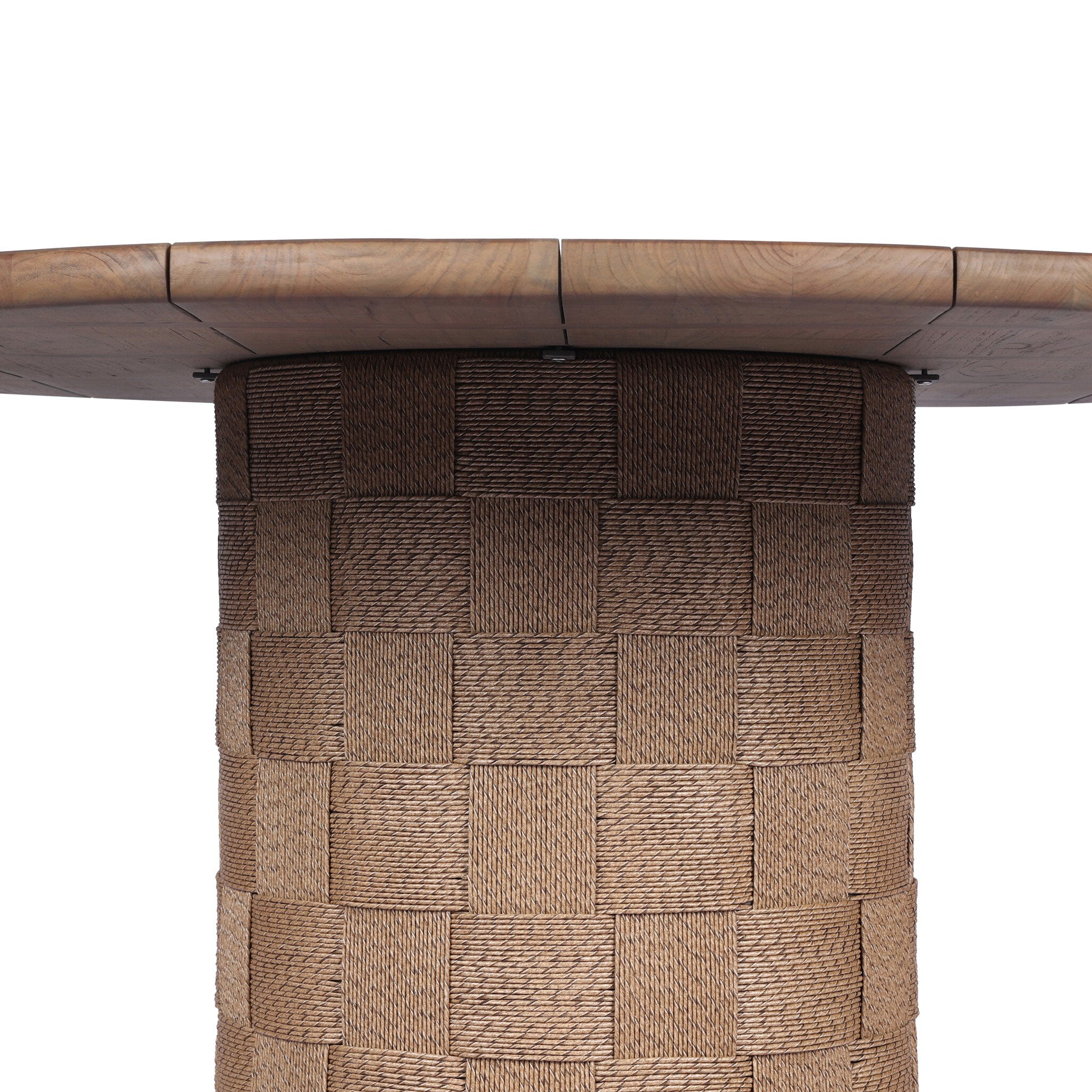 Round wooden table with woven base on a white background
