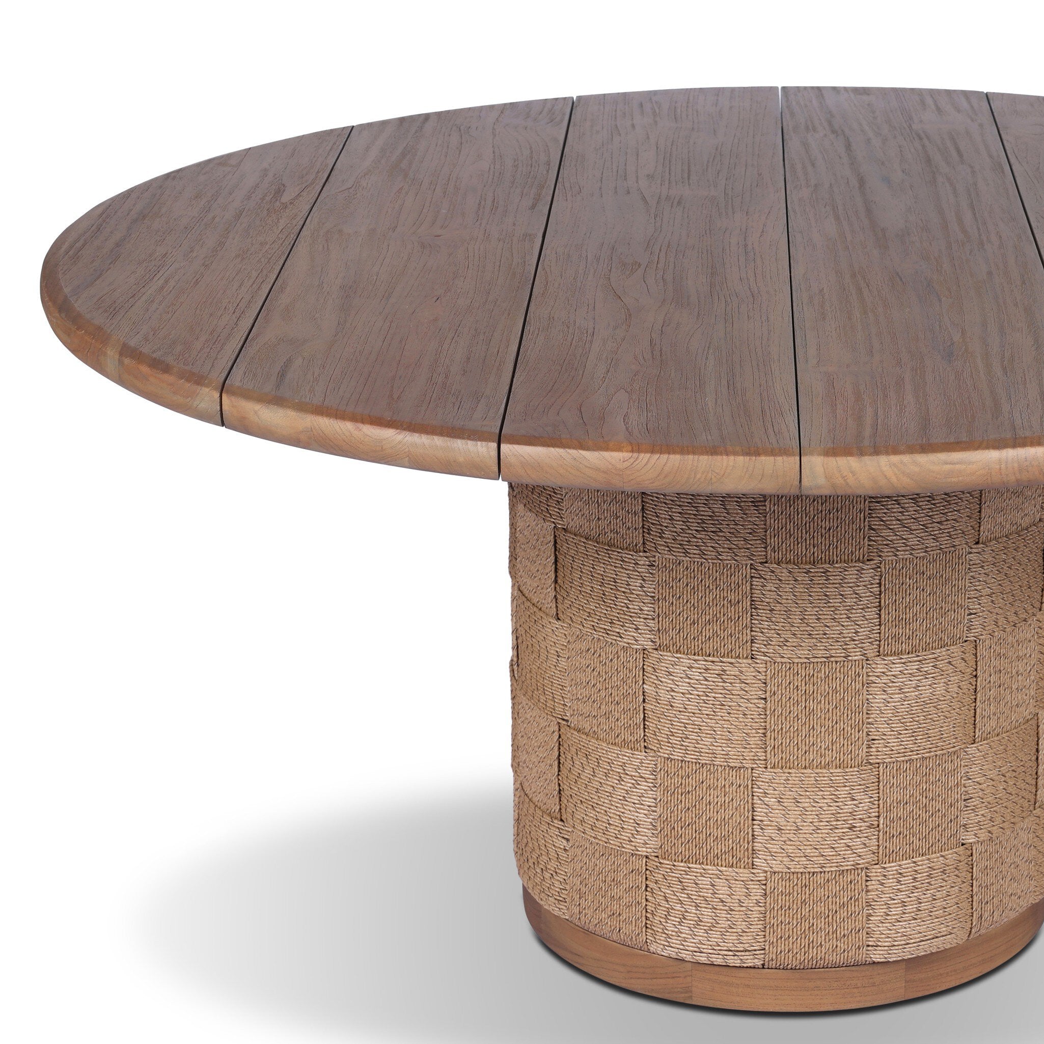 Wooden table with a woven base on a white background