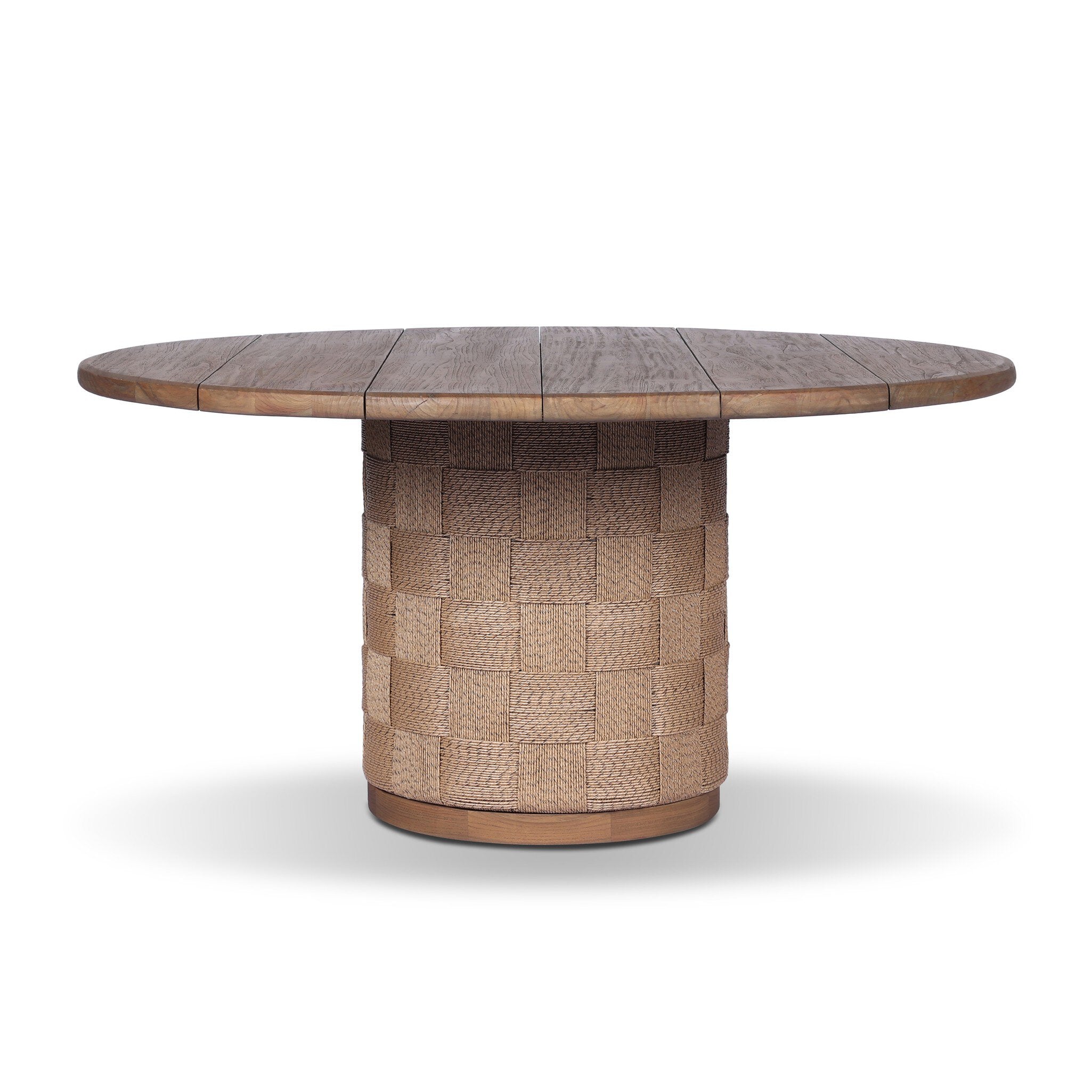 Round wooden outdoor dining table with a woven base on a white background