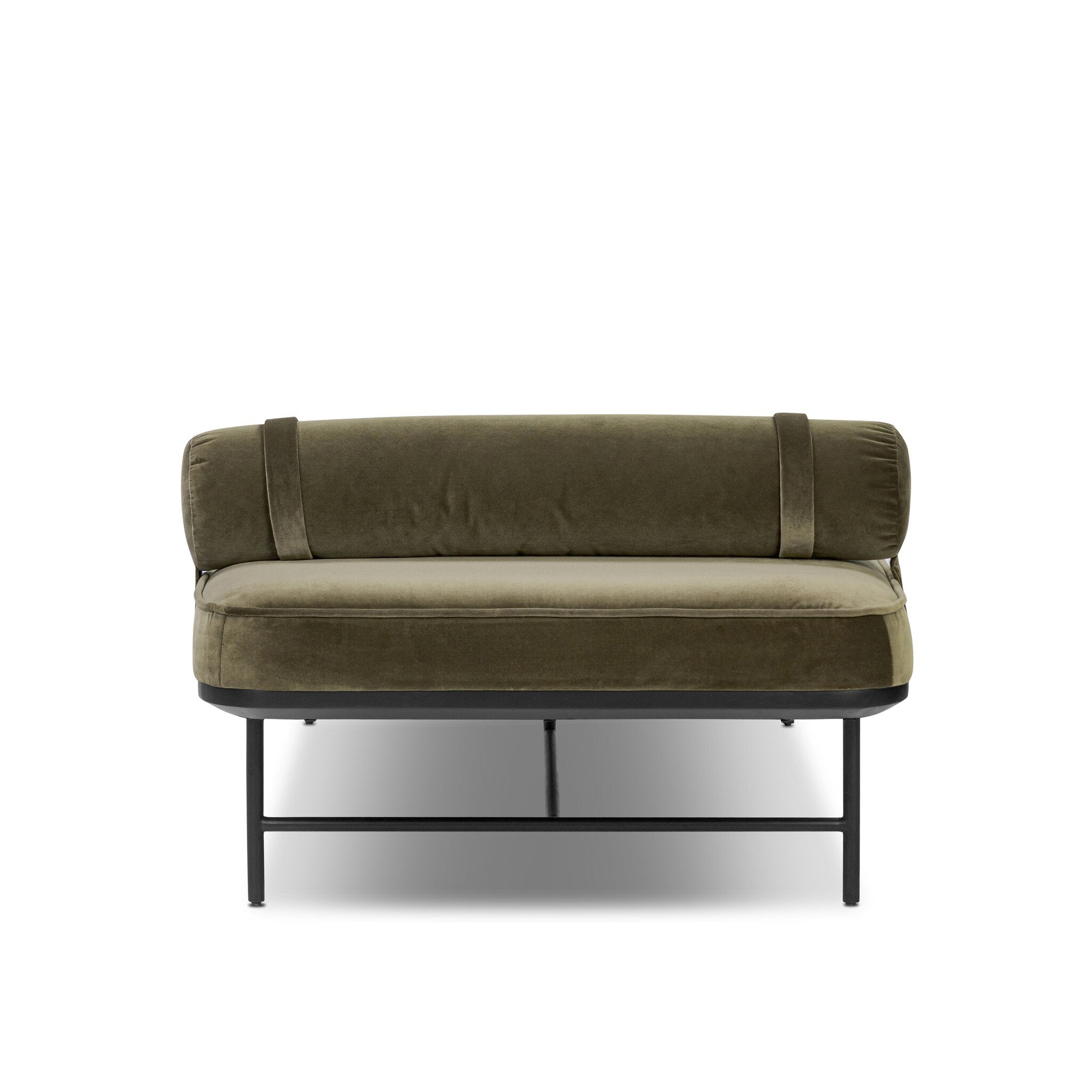 Green chaise with a black metal frame on a white background