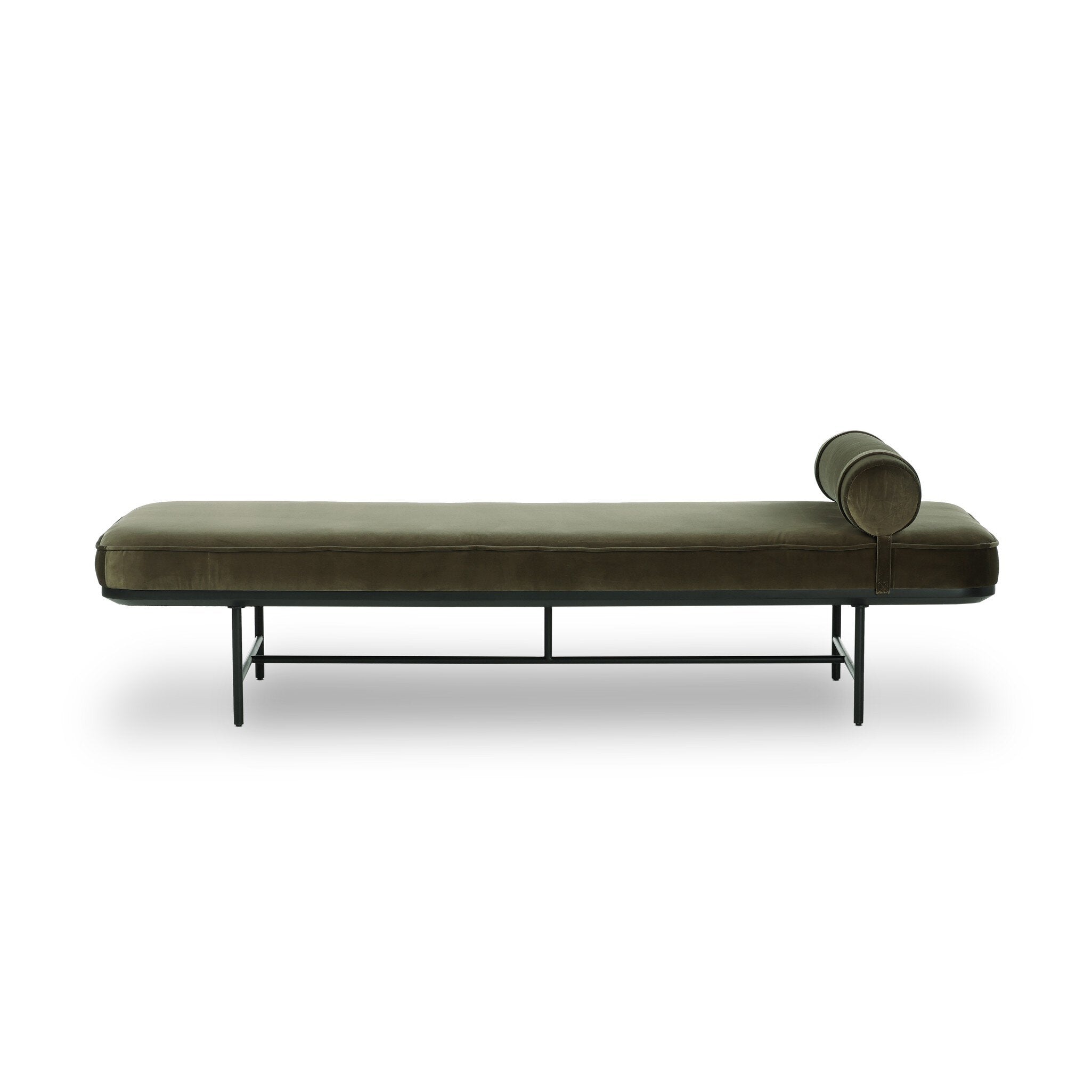 Modern green chaise lounge with cylindrical lumbar pillow on a white background