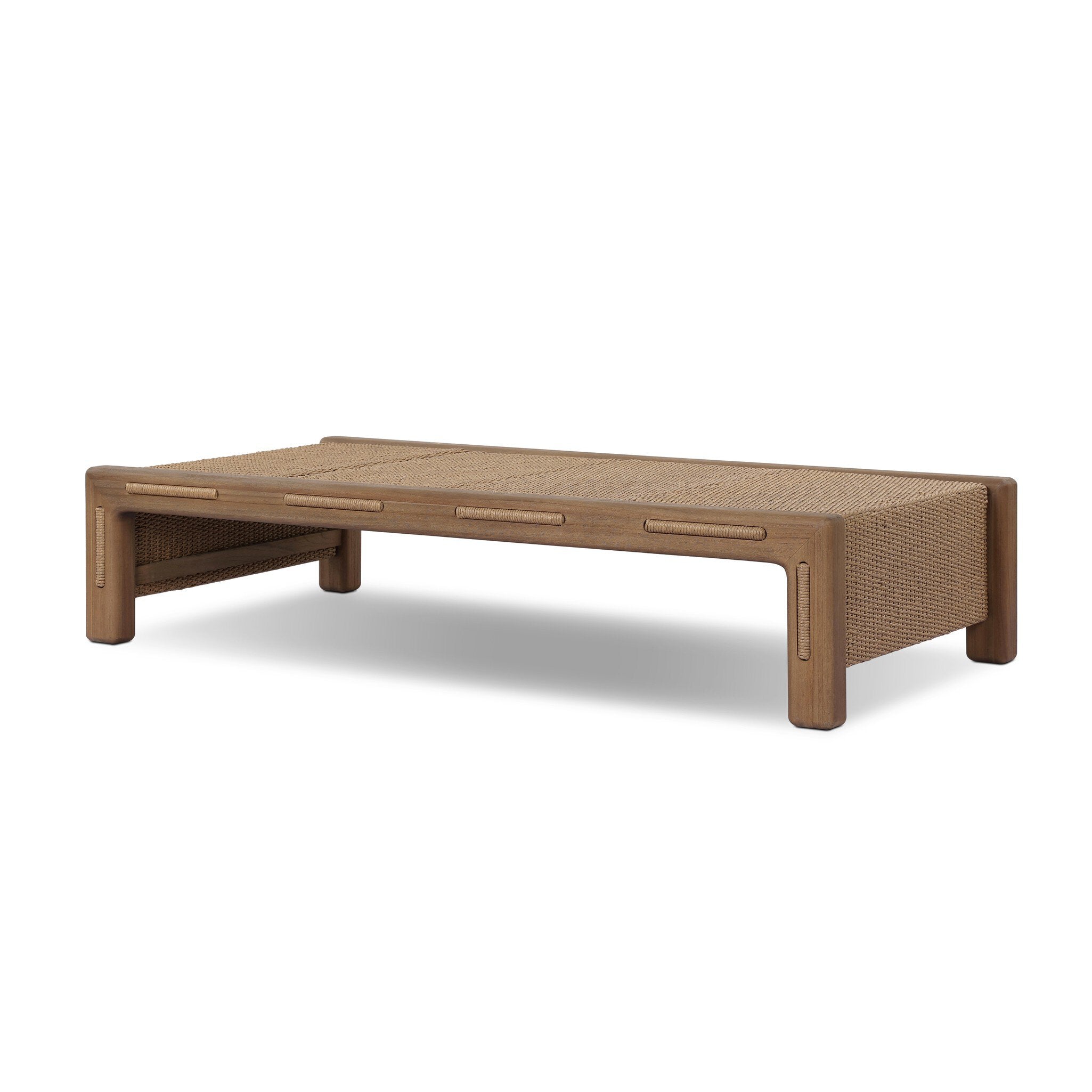 Brown woven outdoor coffee table on a white background