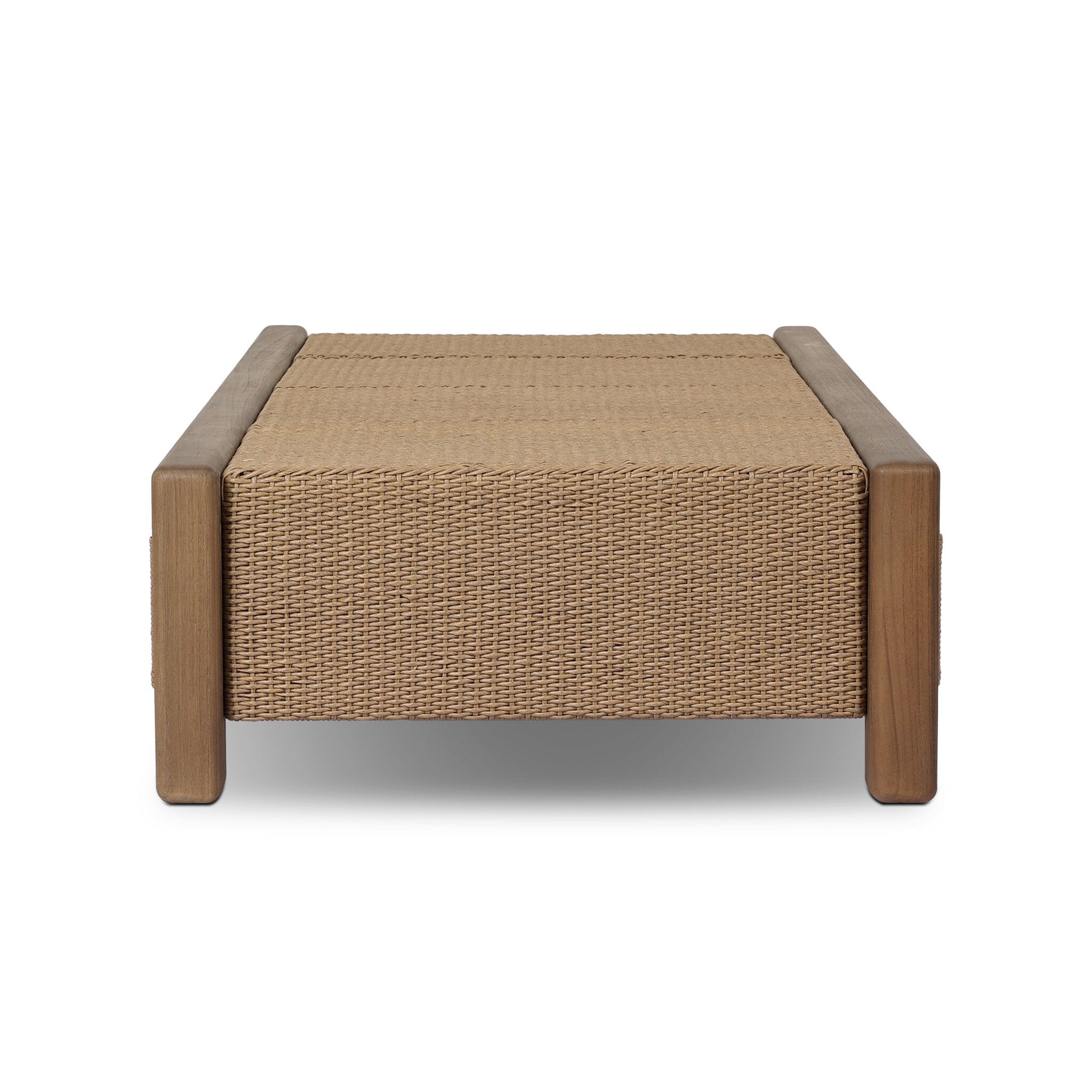 Square ottoman with woven top and wooden sides on a white background