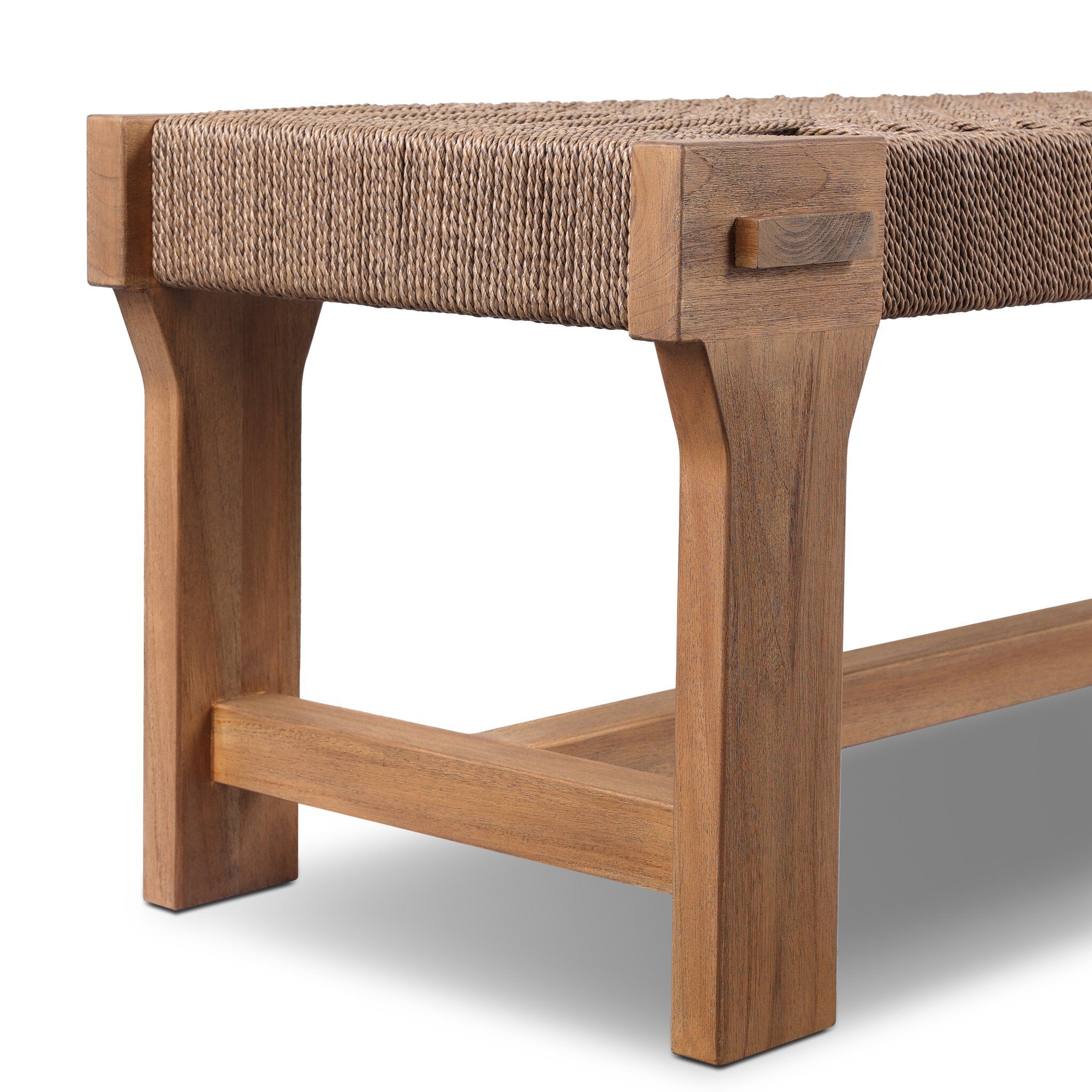 Wooden outdoor bench with woven seat on a white background