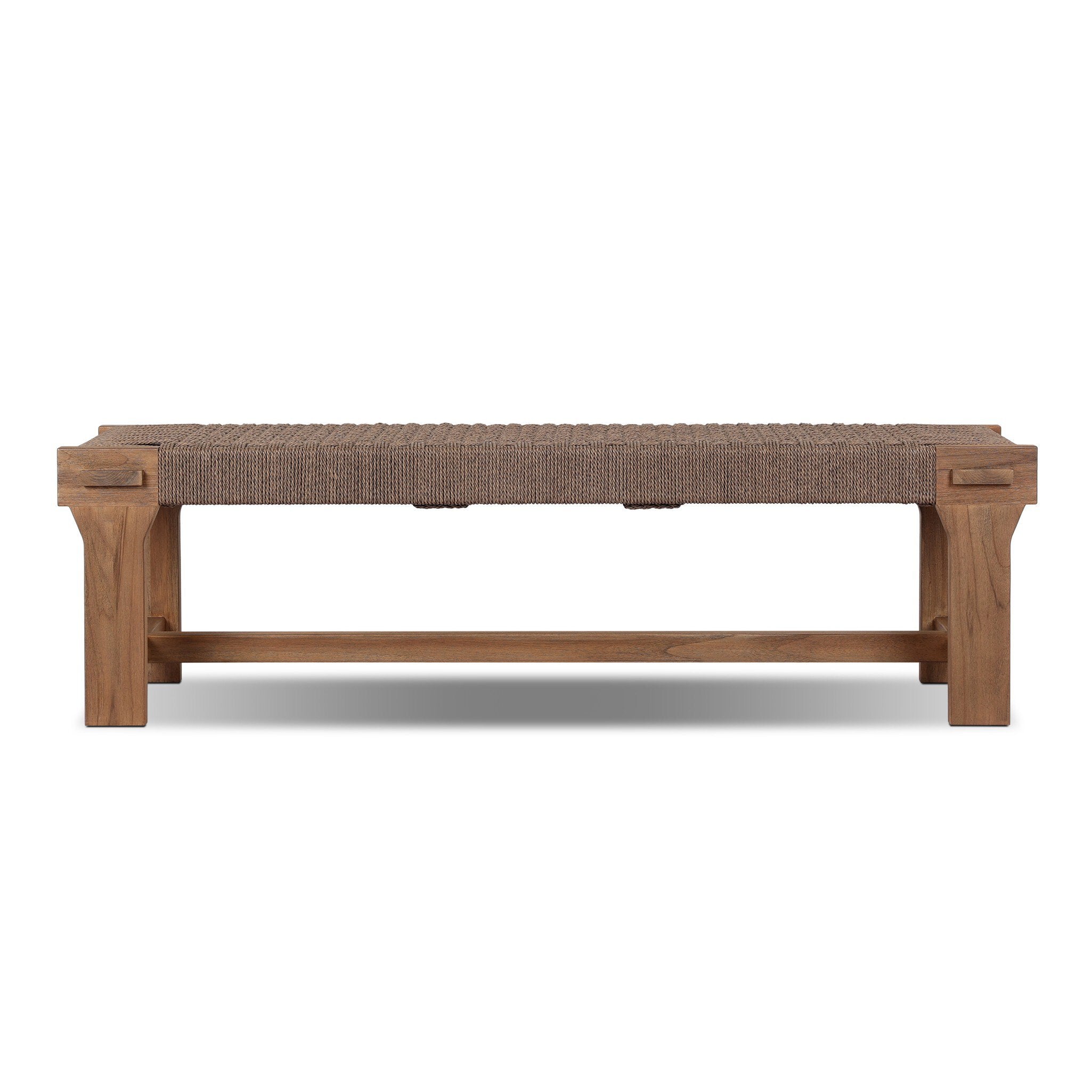 Wooden bench with woven seat on a white background