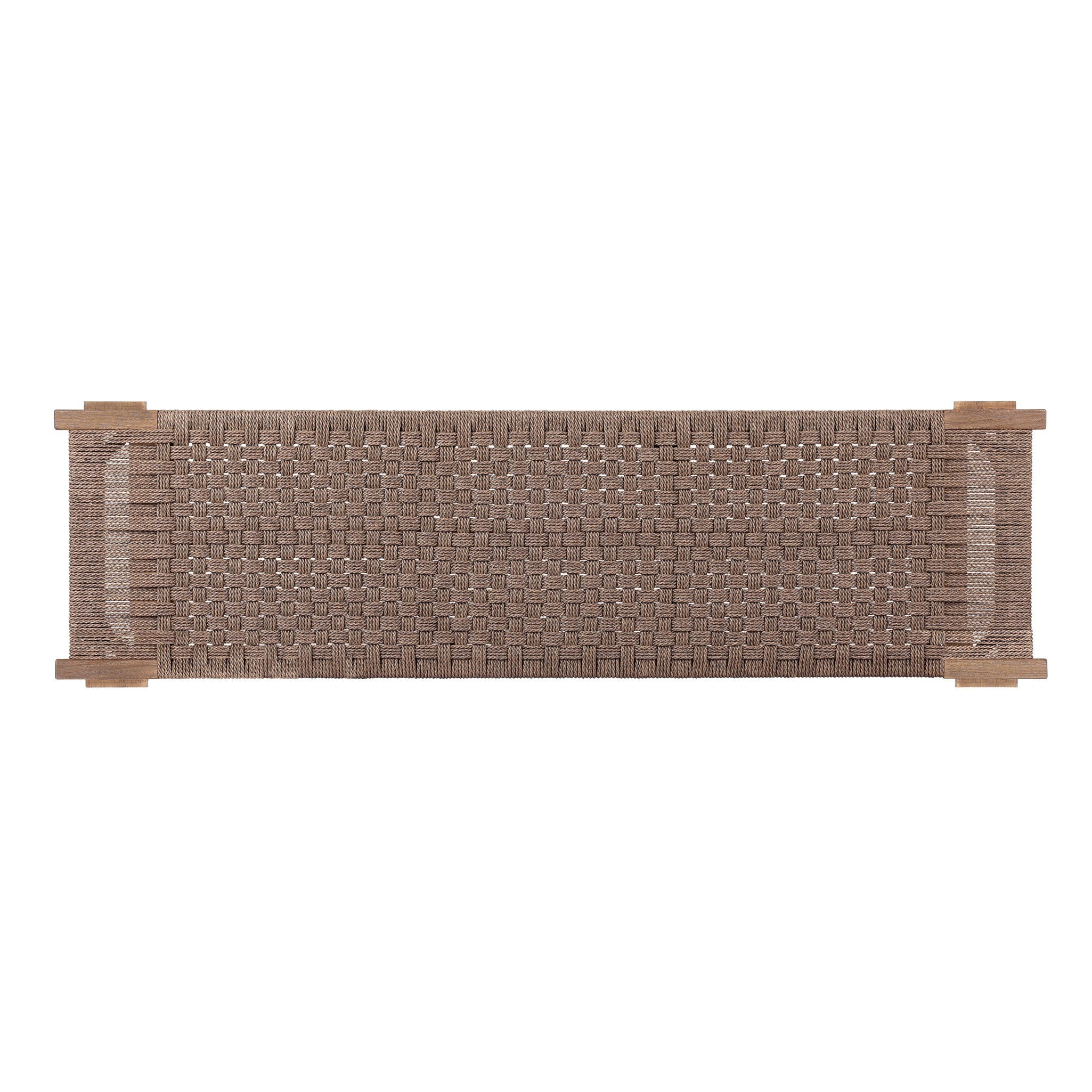 Rectangular woven bench seat with wooden frame on a white background