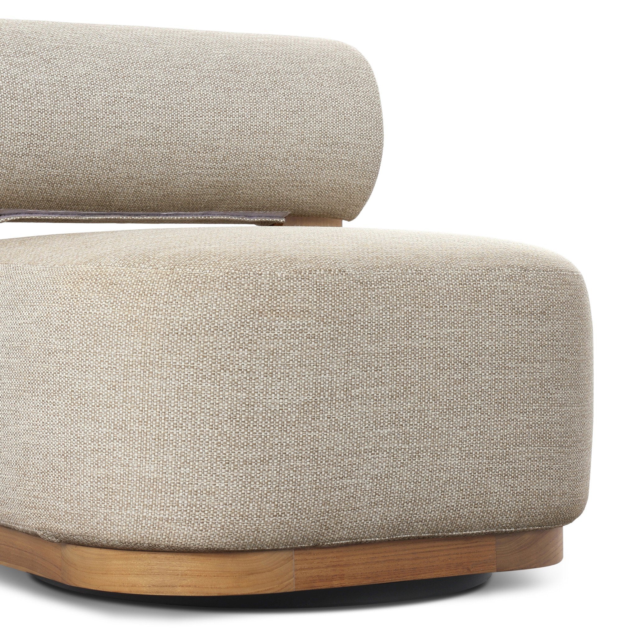 Beige upholstered chair with wooden base on a white background