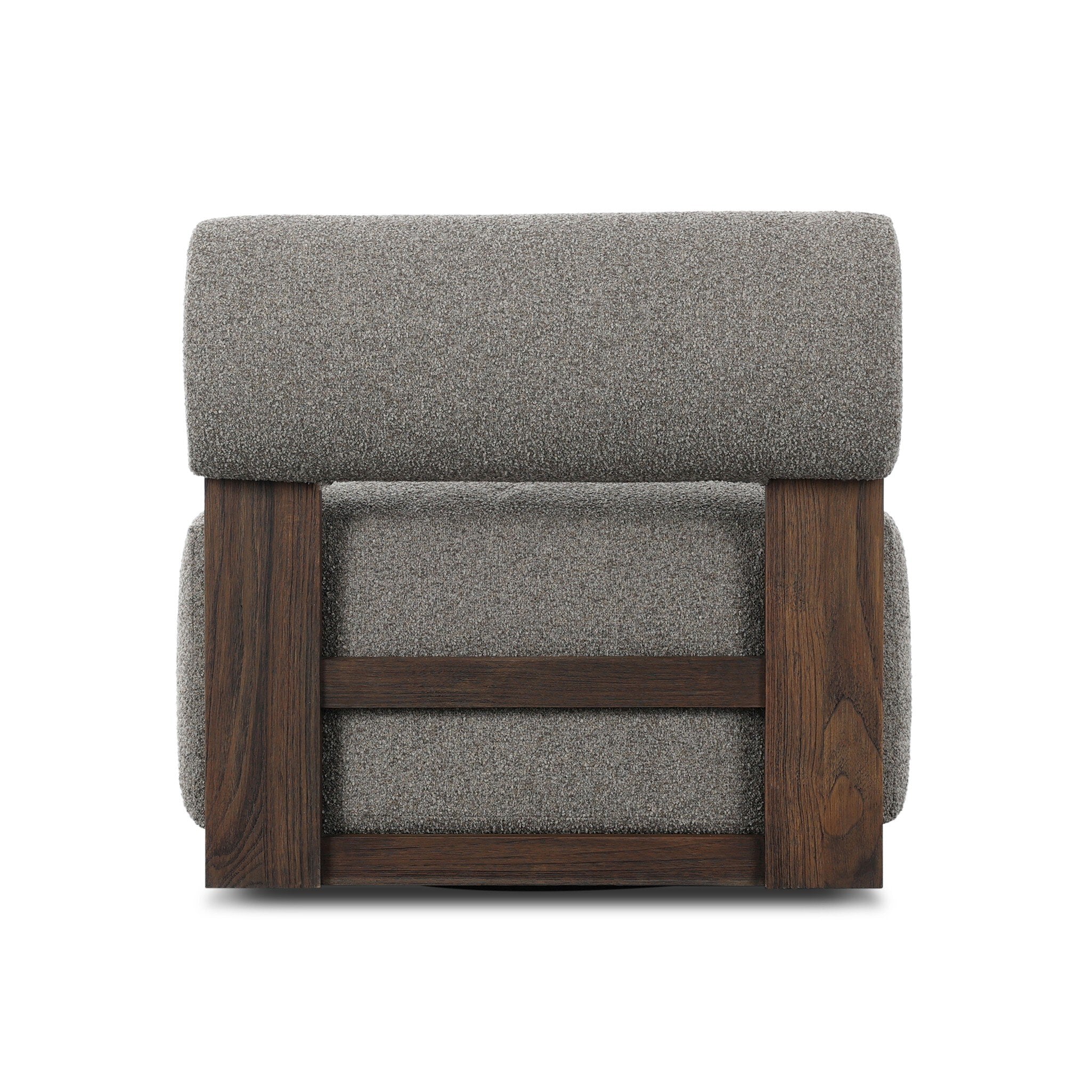 Gray upholstered chair with wooden frame on a white background