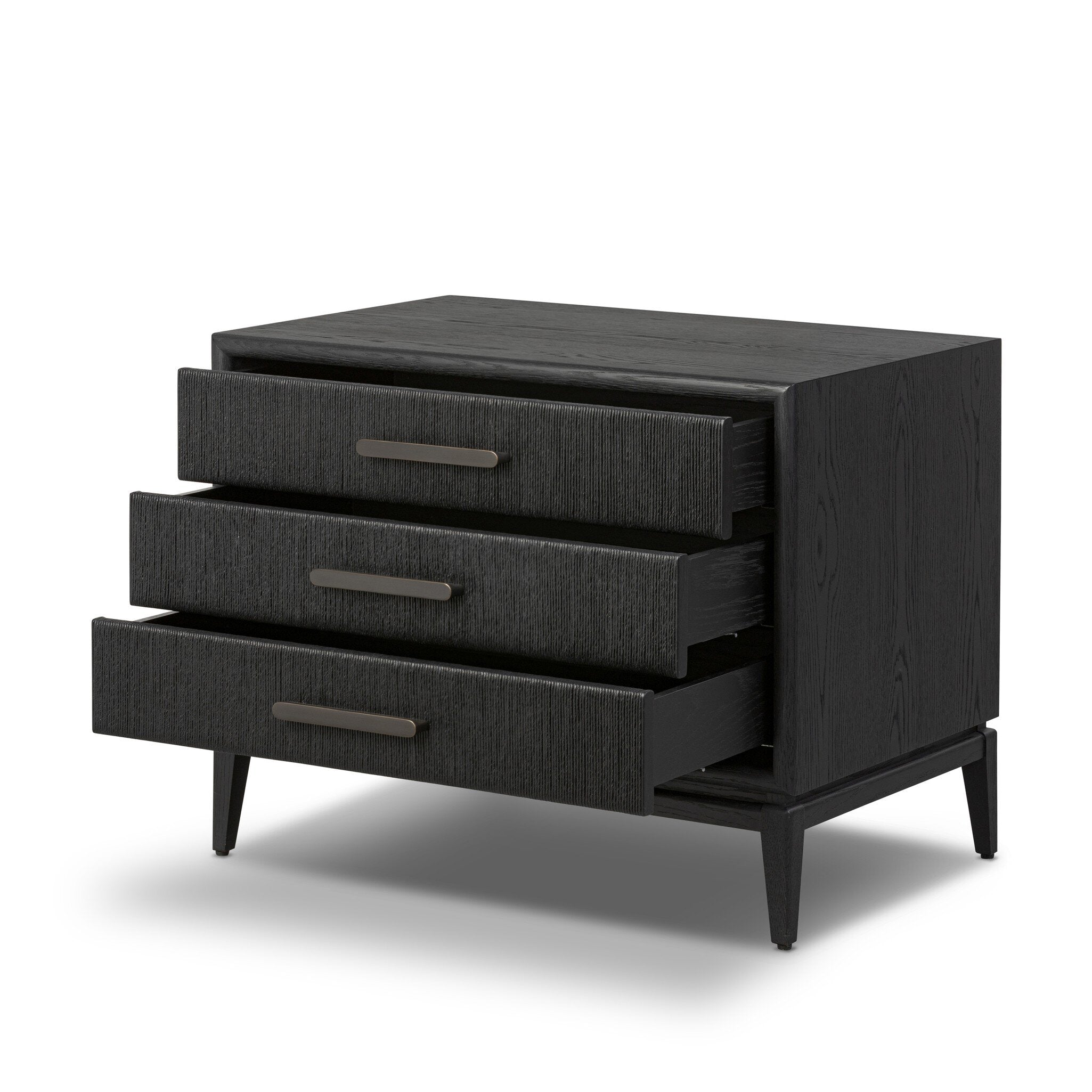 Black dresser with three drawers on a white background