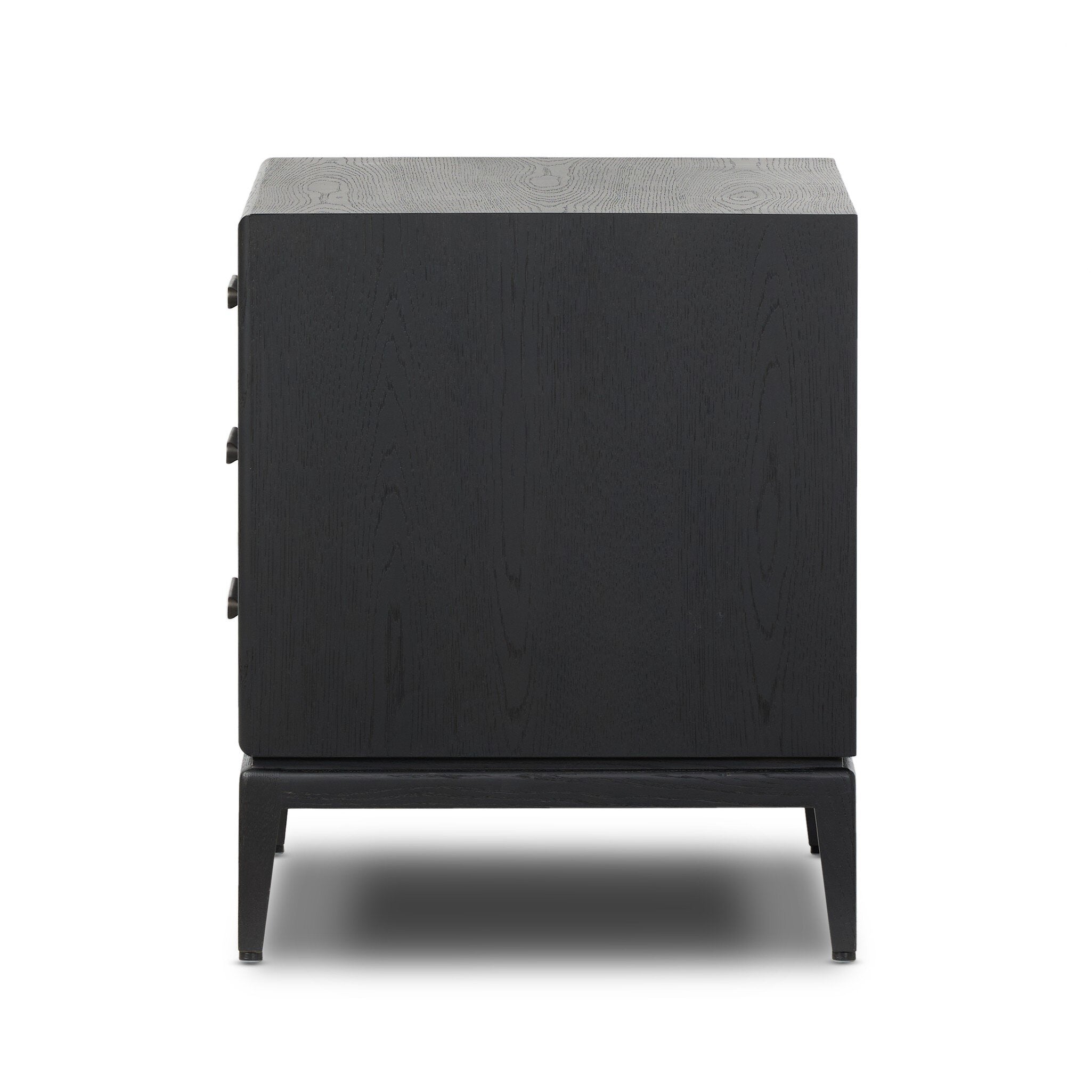 Black nightstand with textured surface on a white background