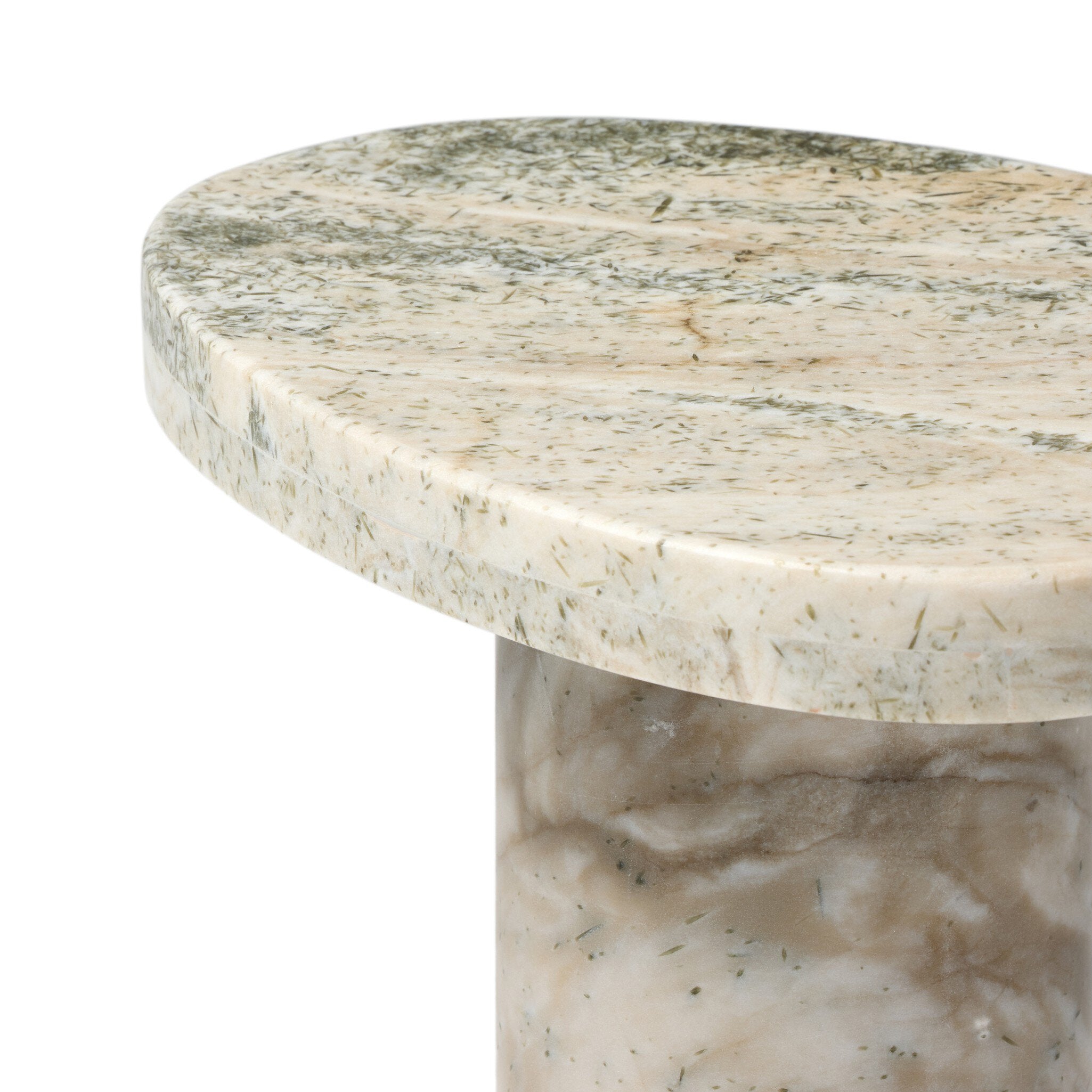 Marble side table with a textured surface on a white background