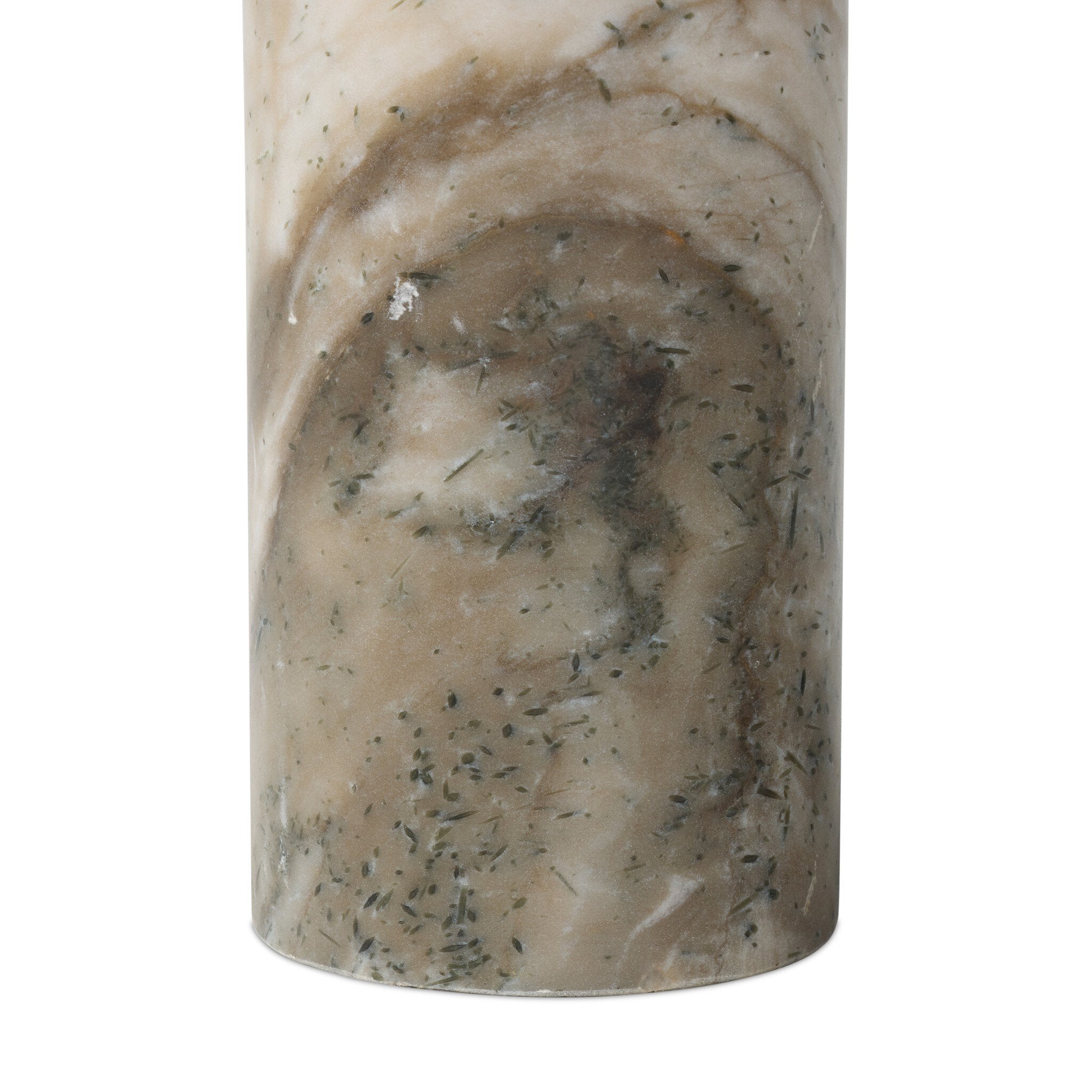 Marble-textured cylindrical table base on a white background