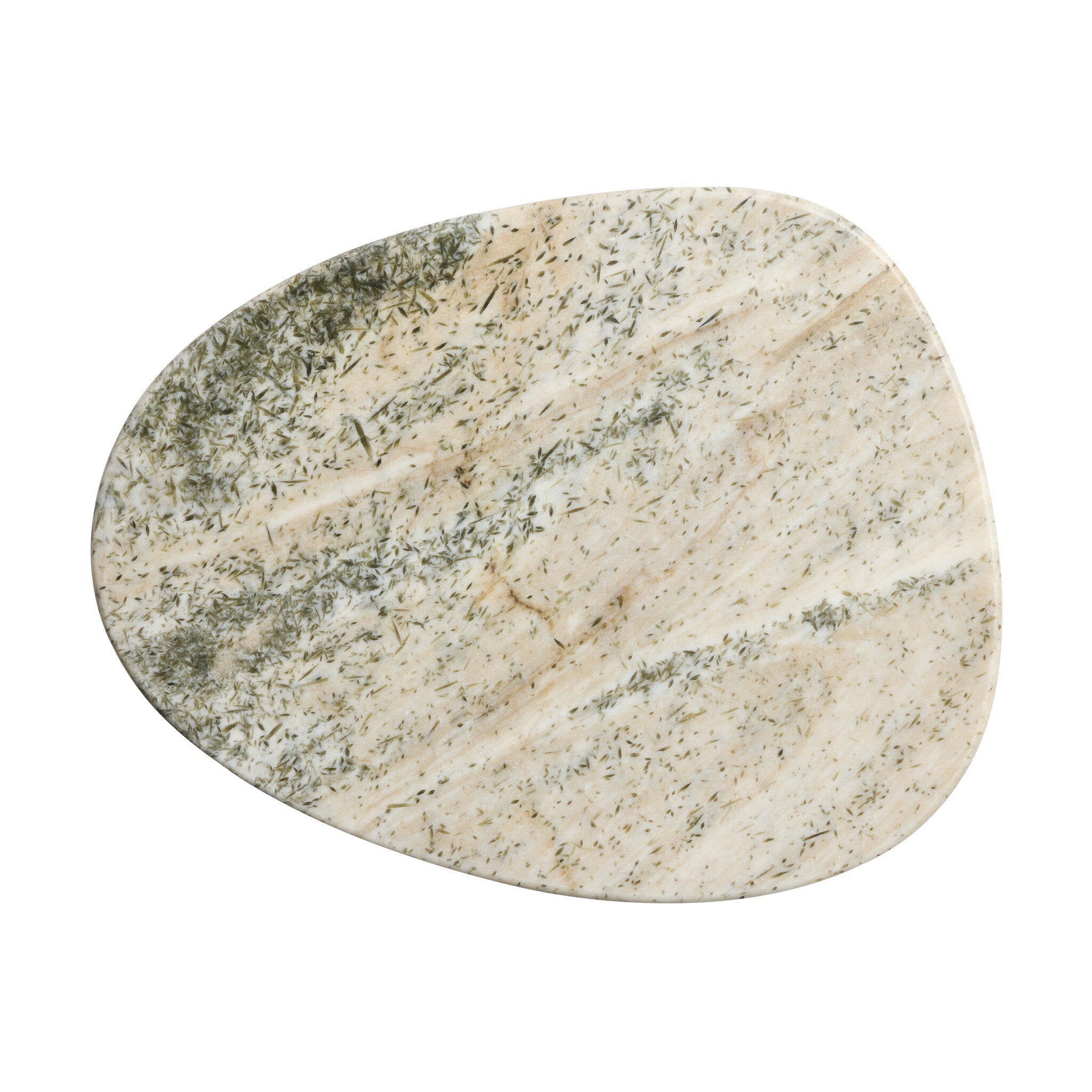 Oval-shaped stone tabletop with a natural pattern on a white background
