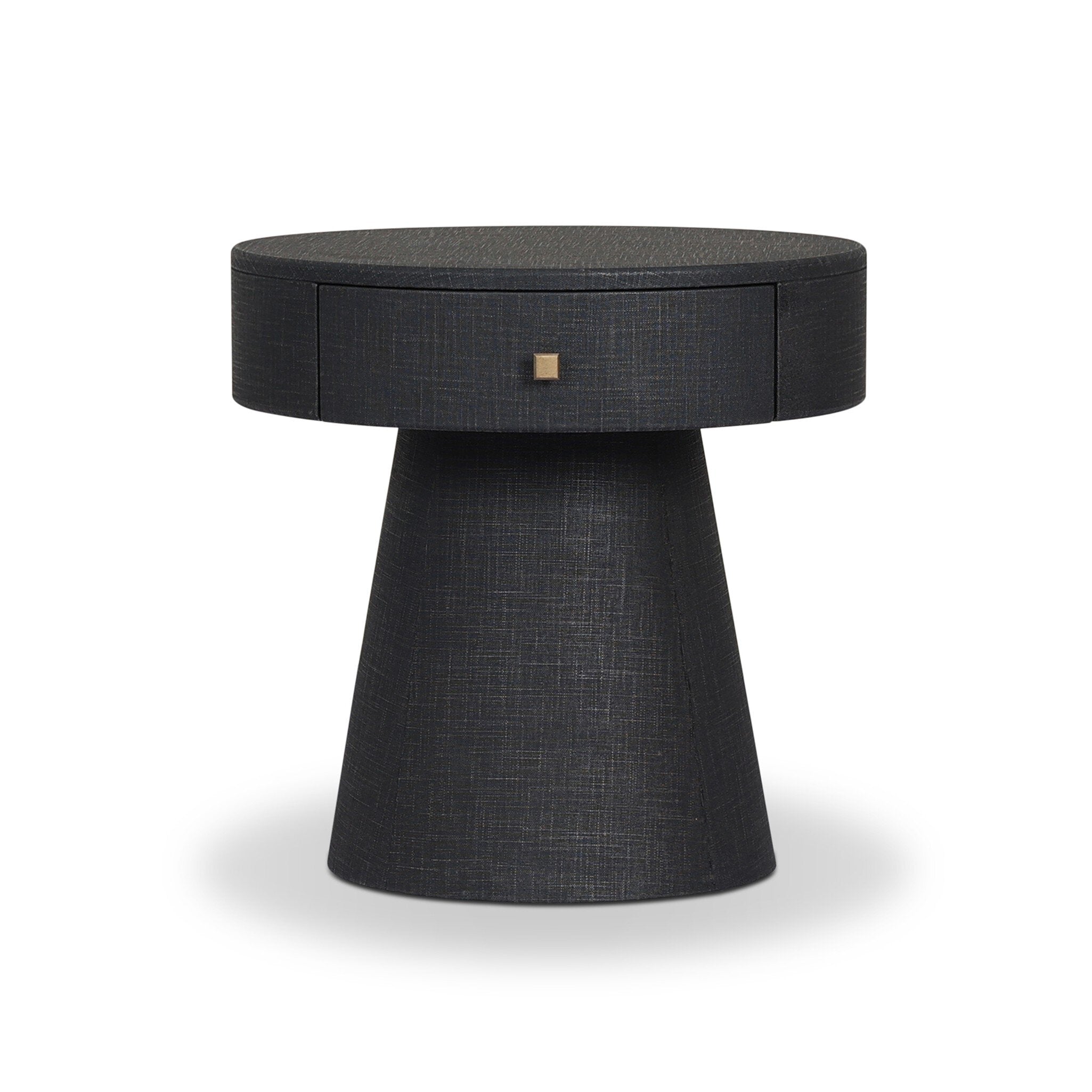 Black textured side table with a round top and cylindrical base on a white background