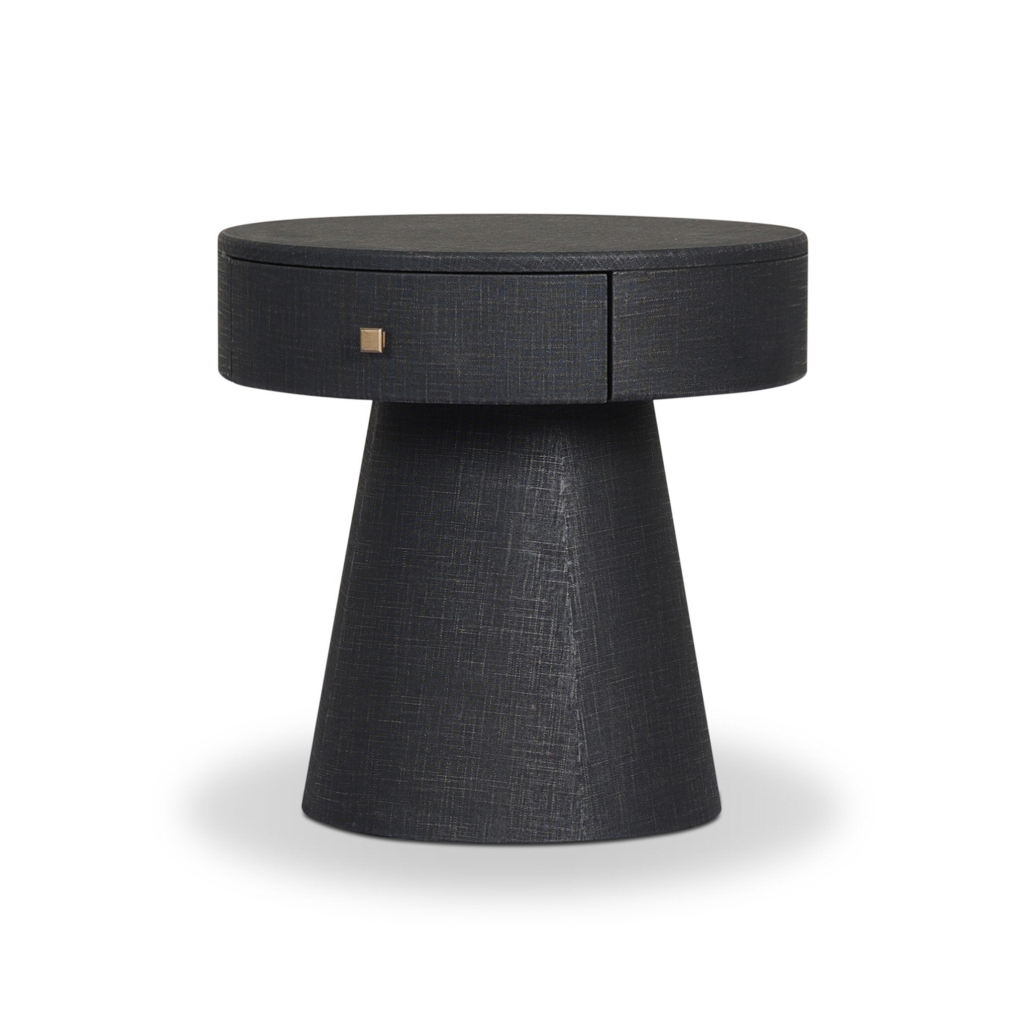 Black textured side table with a round top and cylindrical base on a white background